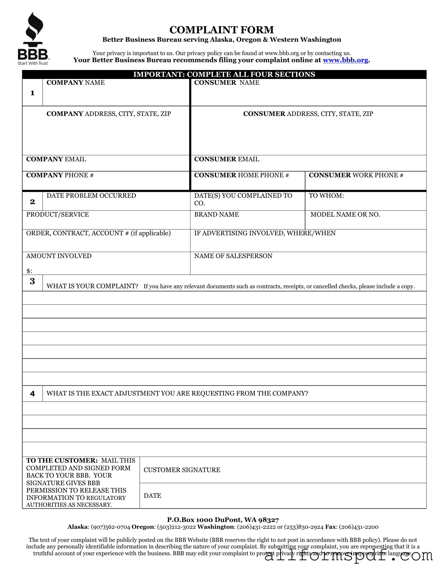 Fill Out Your Bbb Complaint Form