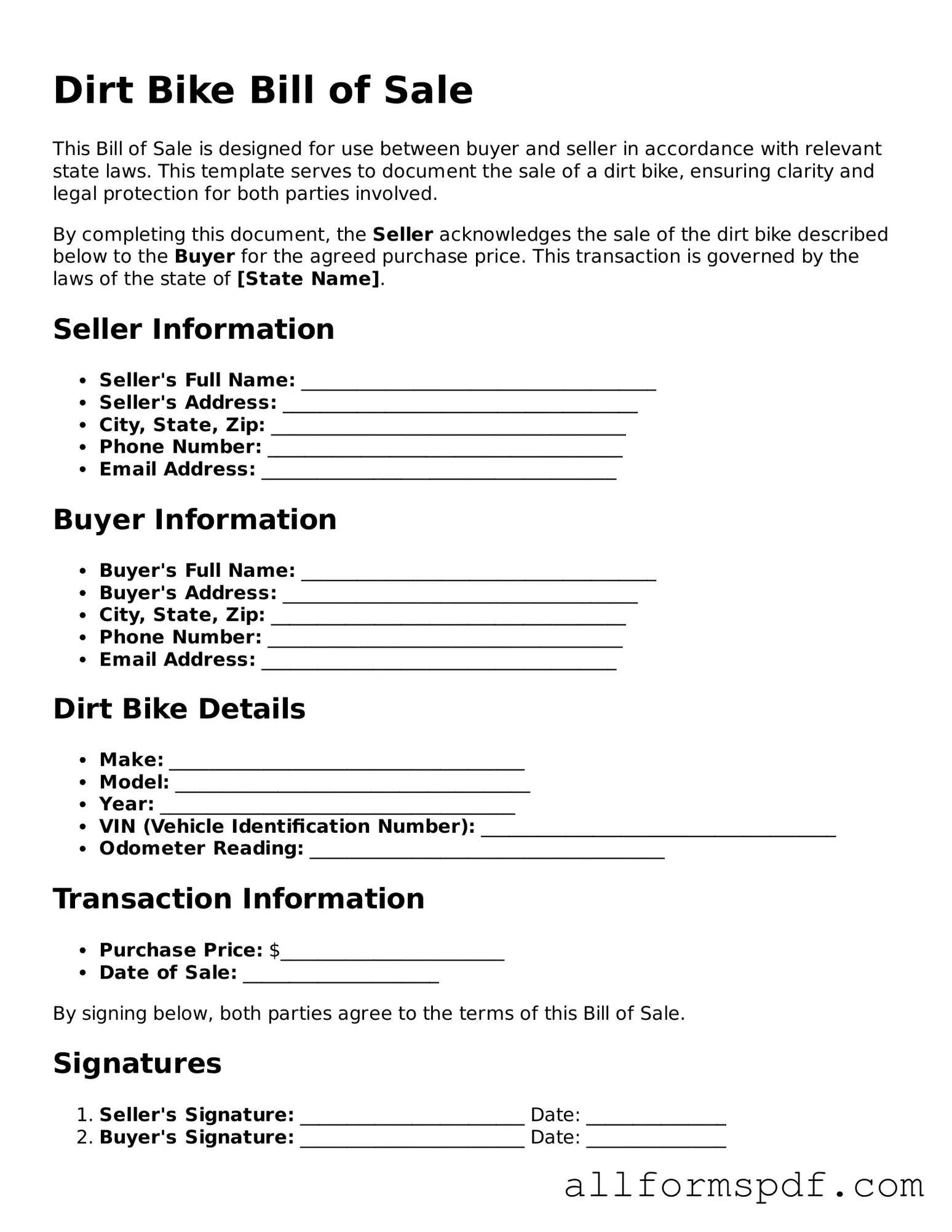 Printable Dirt Bike Bill of Sale Form