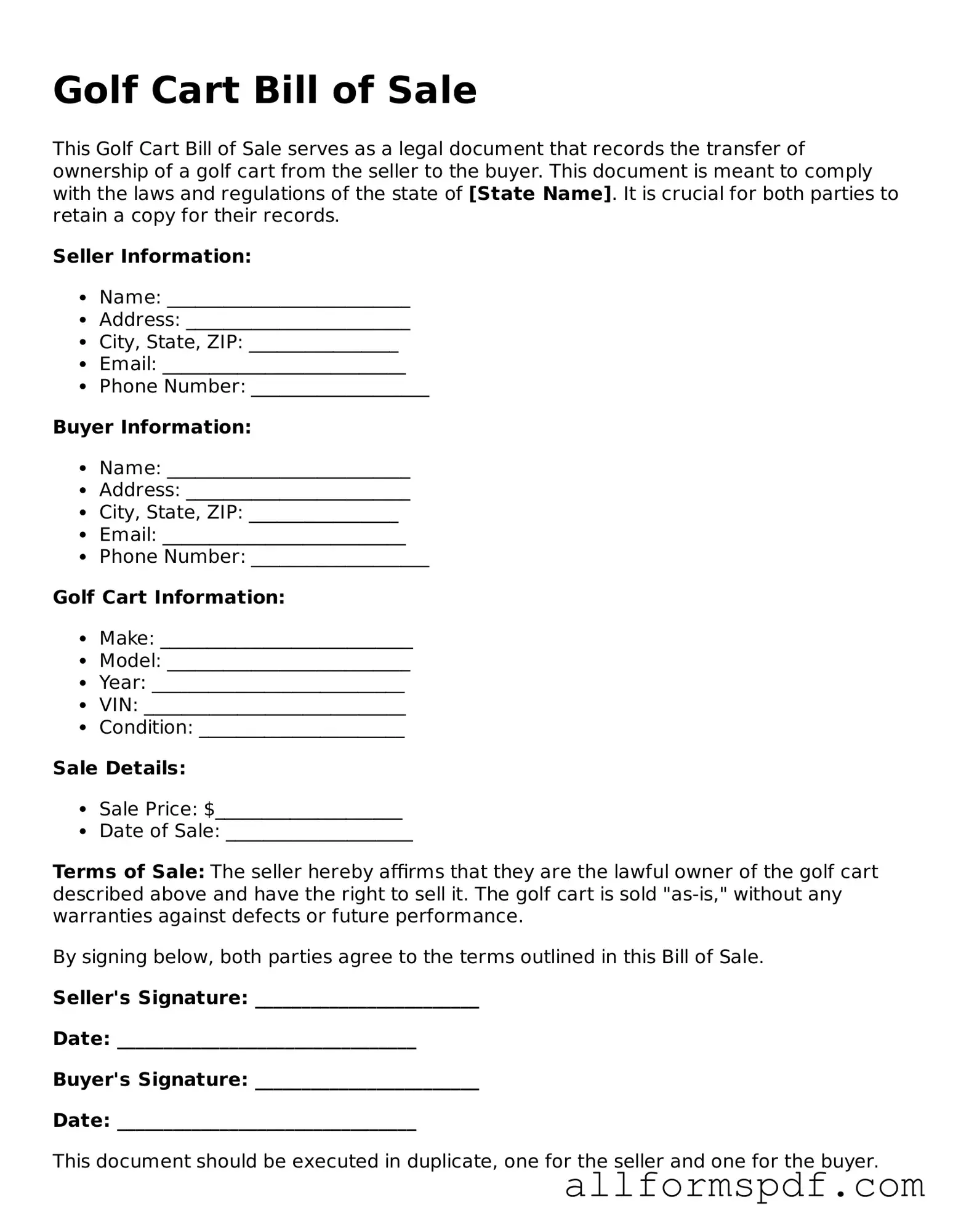 Printable Golf Cart Bill of Sale Form
