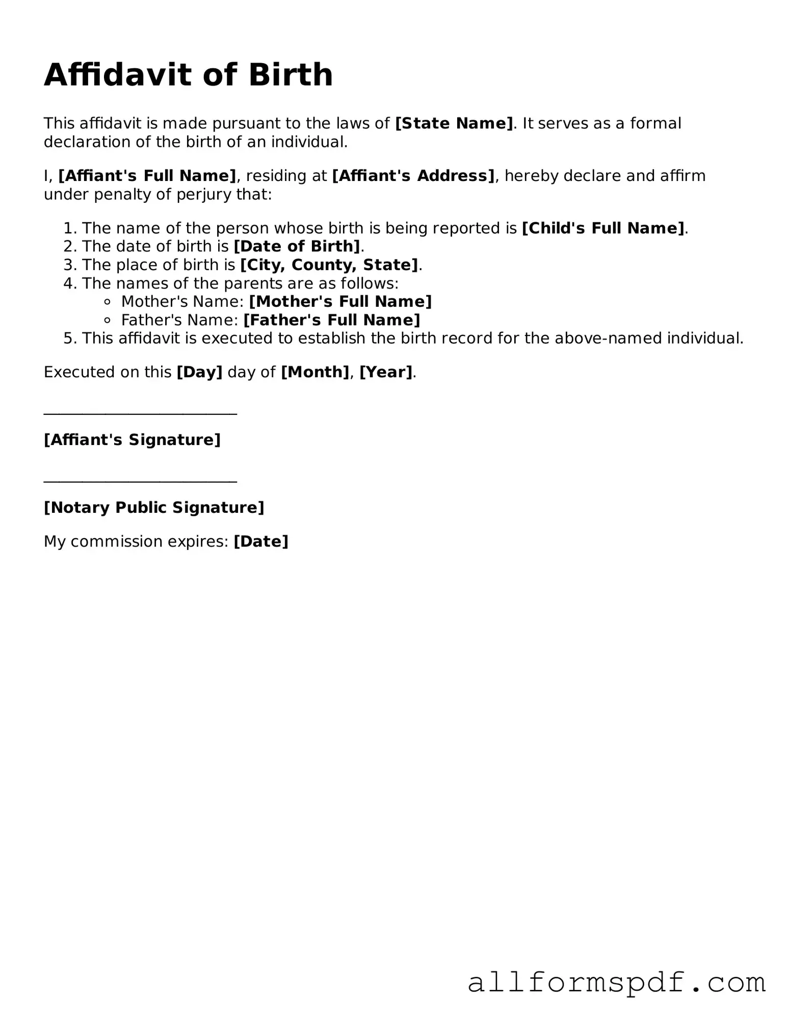 Printable Affidavit of Birth Form