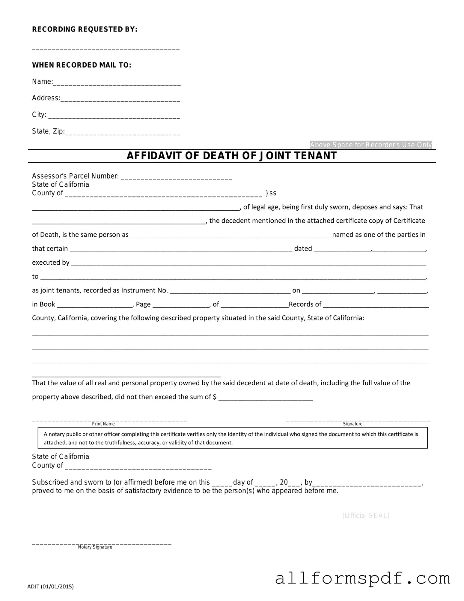 Fill Out Your California Death of a Joint Tenant Affidavit Form