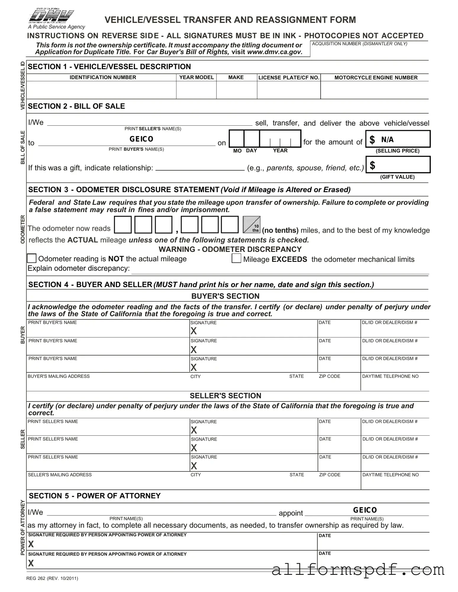 Fill Out Your California Fotm Reg 262 Form
