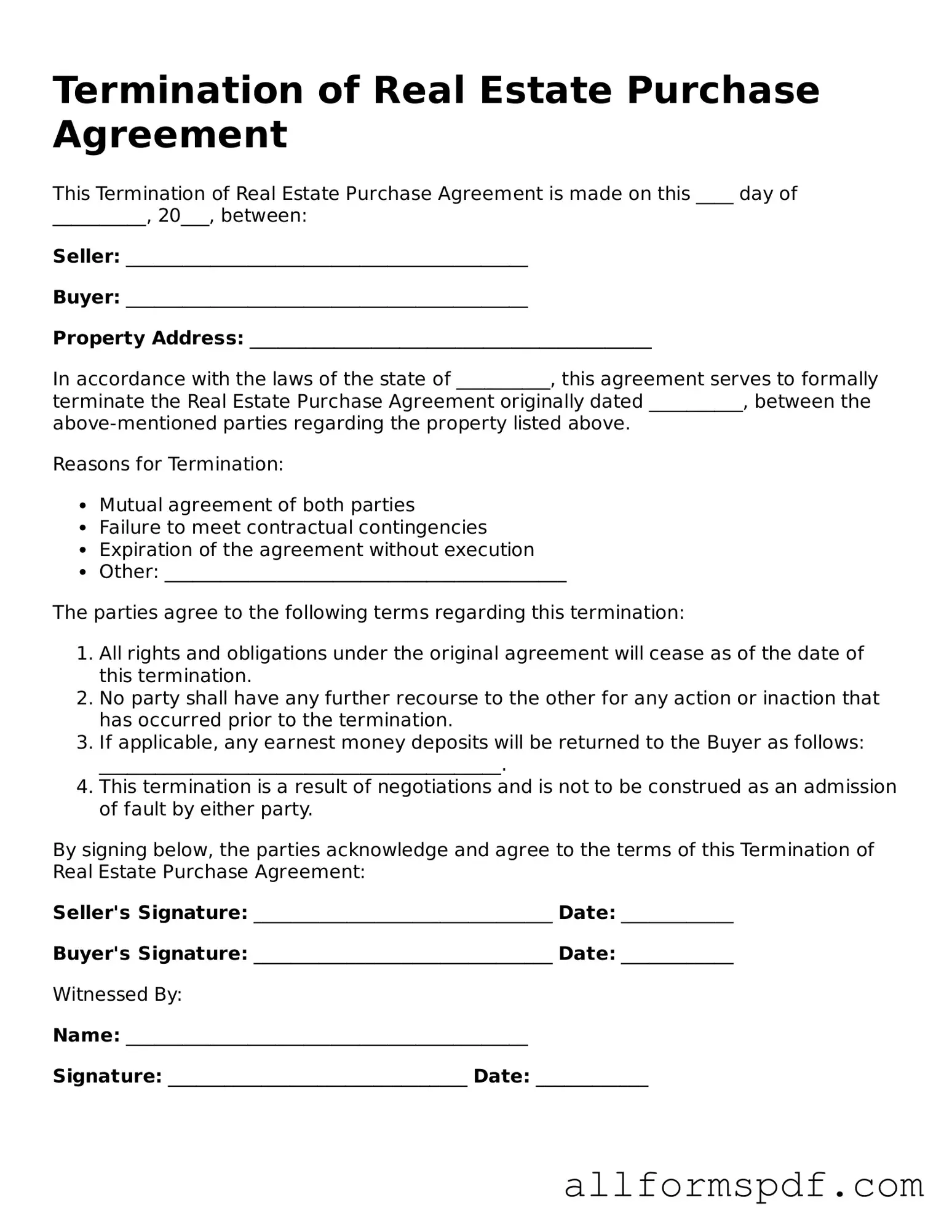 Printable Termination of Real Estate Purchase Agreement Form