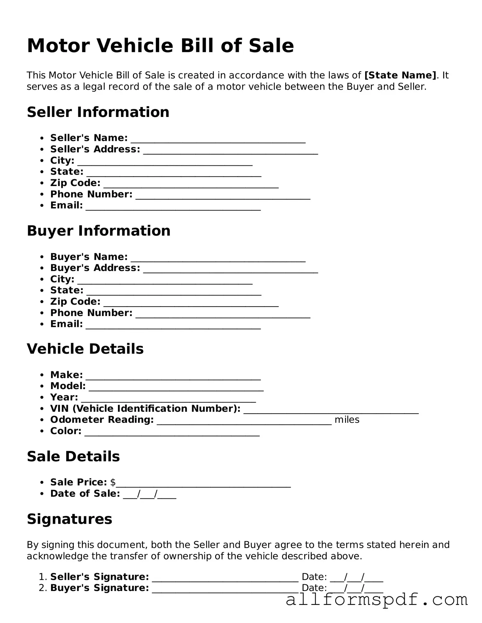 Printable Motor Vehicle Bill of Sale Form