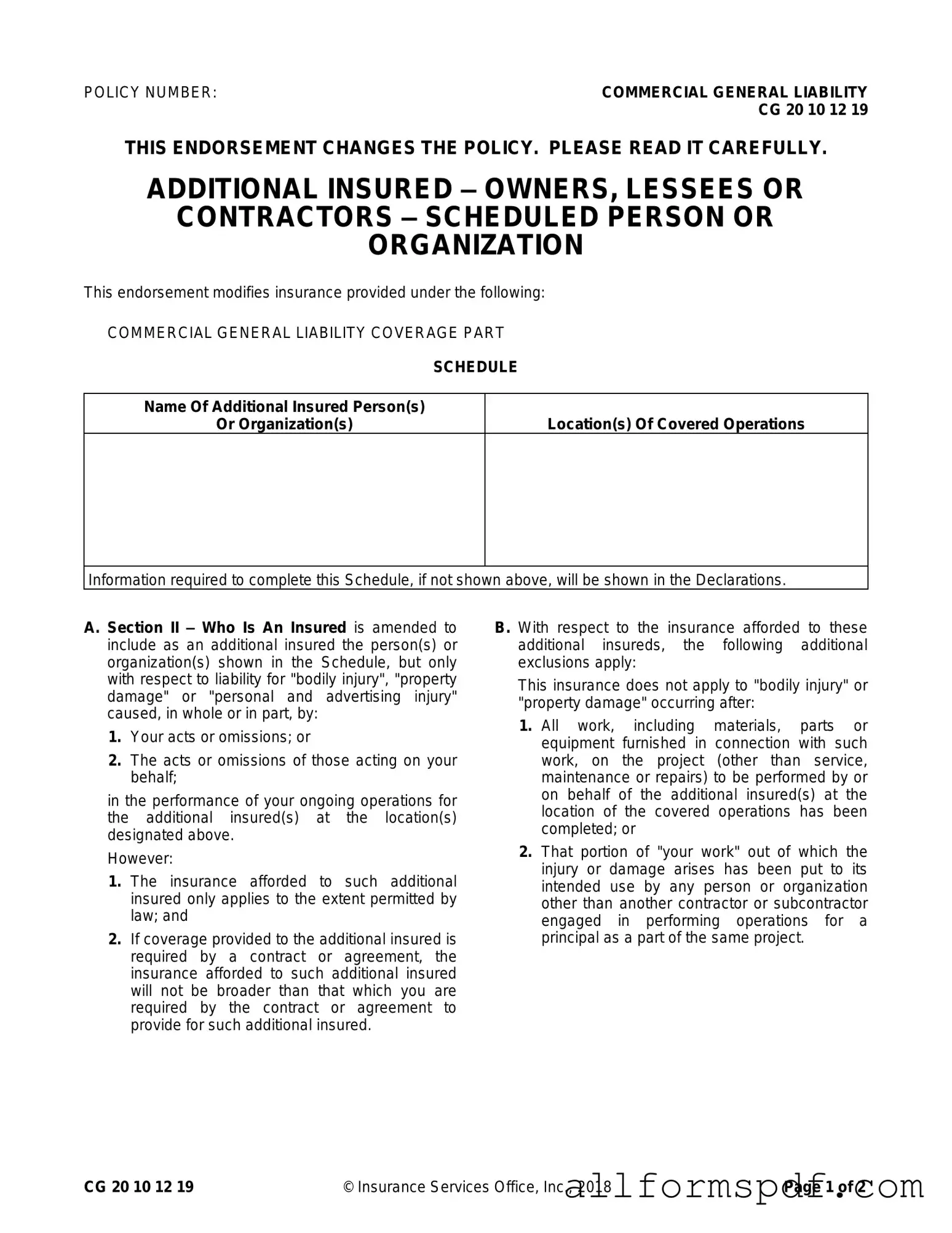 Fill Out Your Cg 20 10 07 04 Liability Endorsement Form