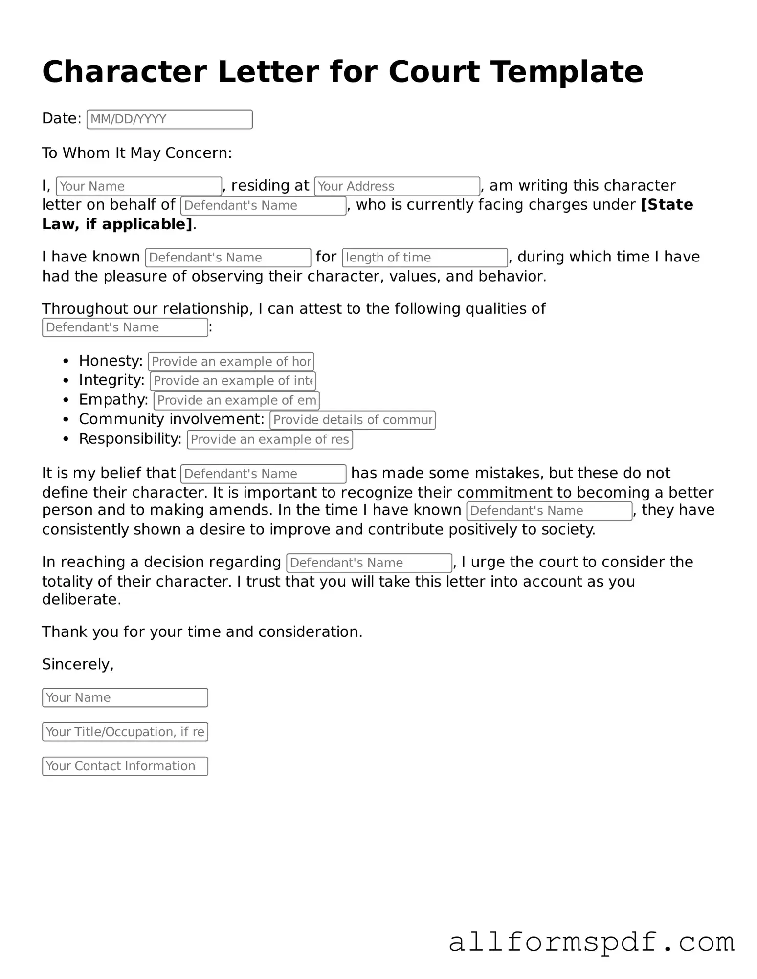 Printable Character Letter for Court Form