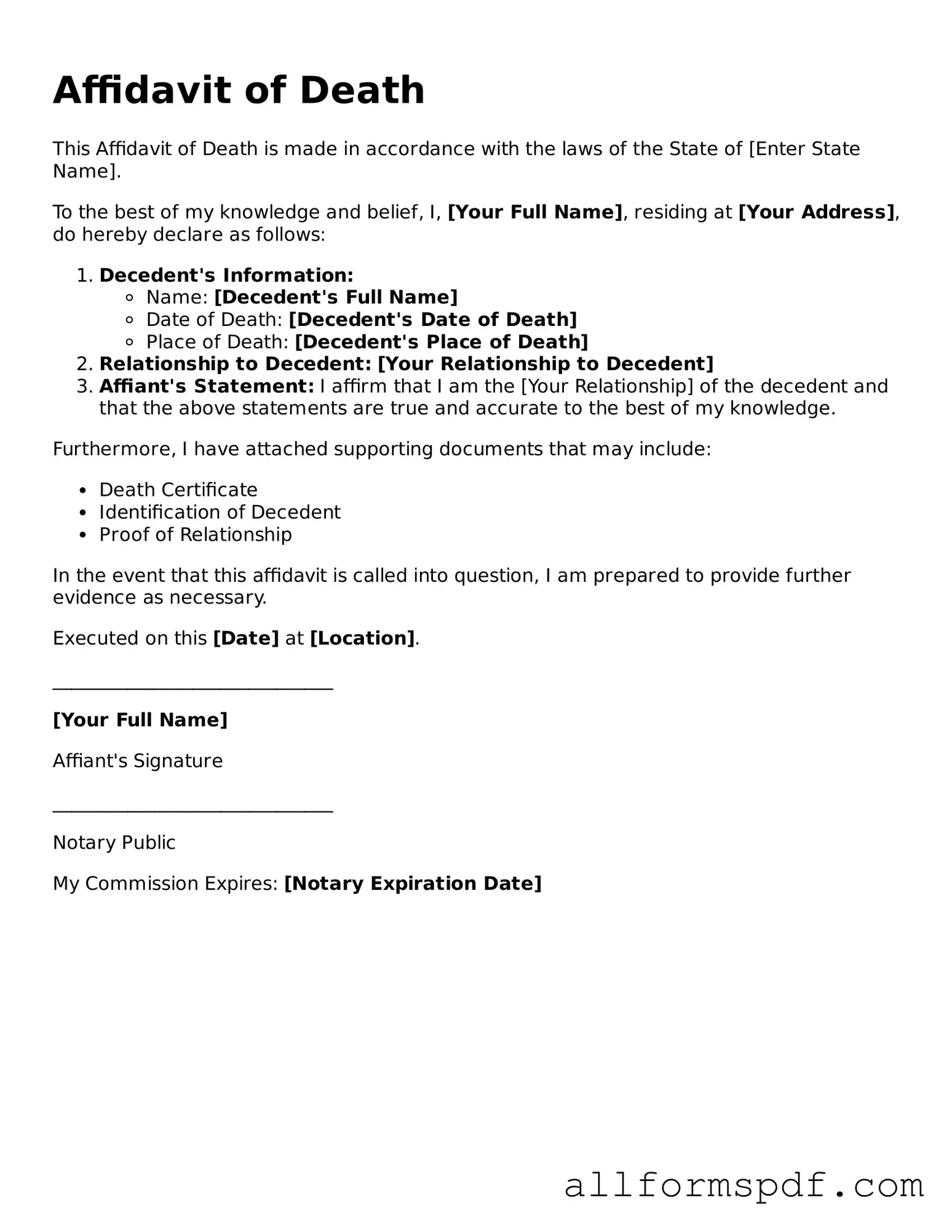 Printable Affidavit of Death Form