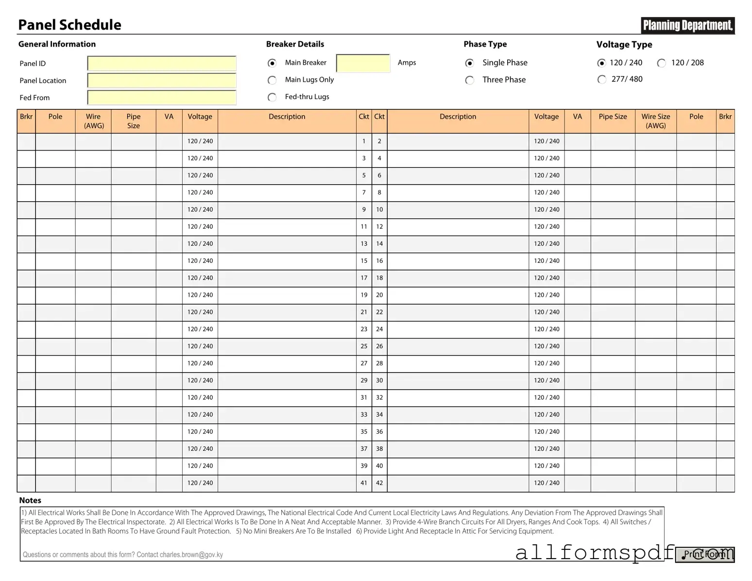 Fill Out Your Electrical Panel Schedule Form