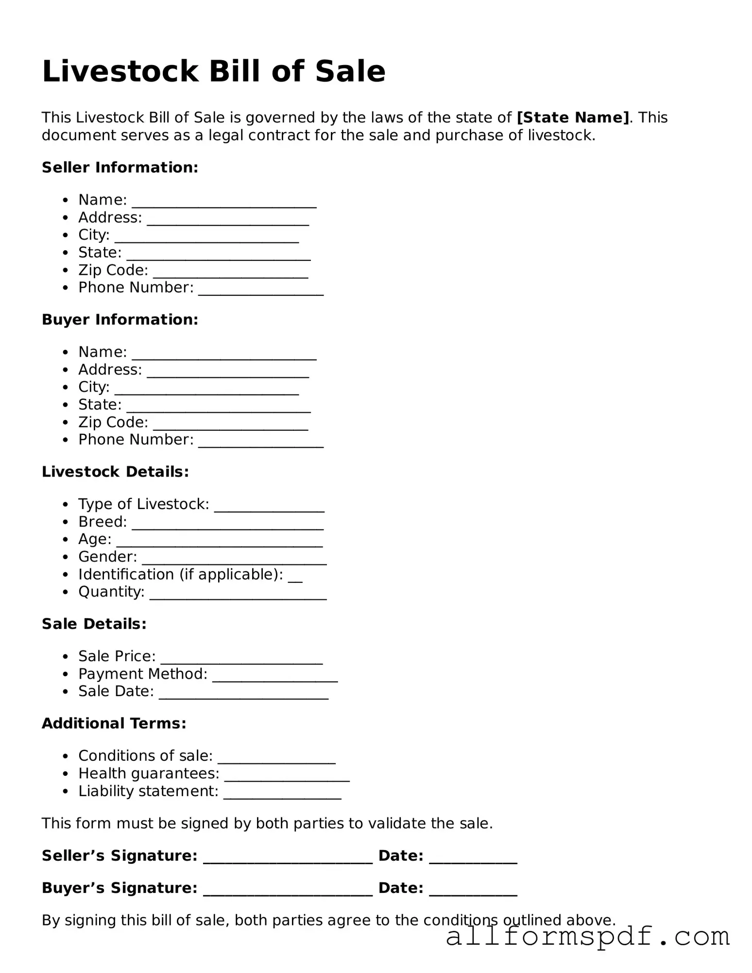 Printable Livestock Bill of Sale Form