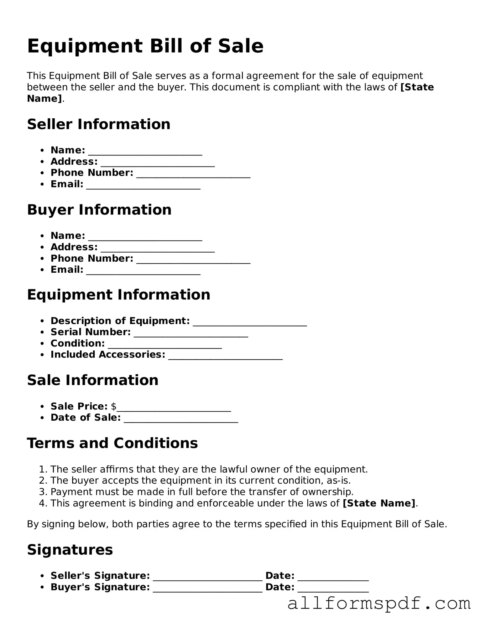 Printable Equipment Bill of Sale Form