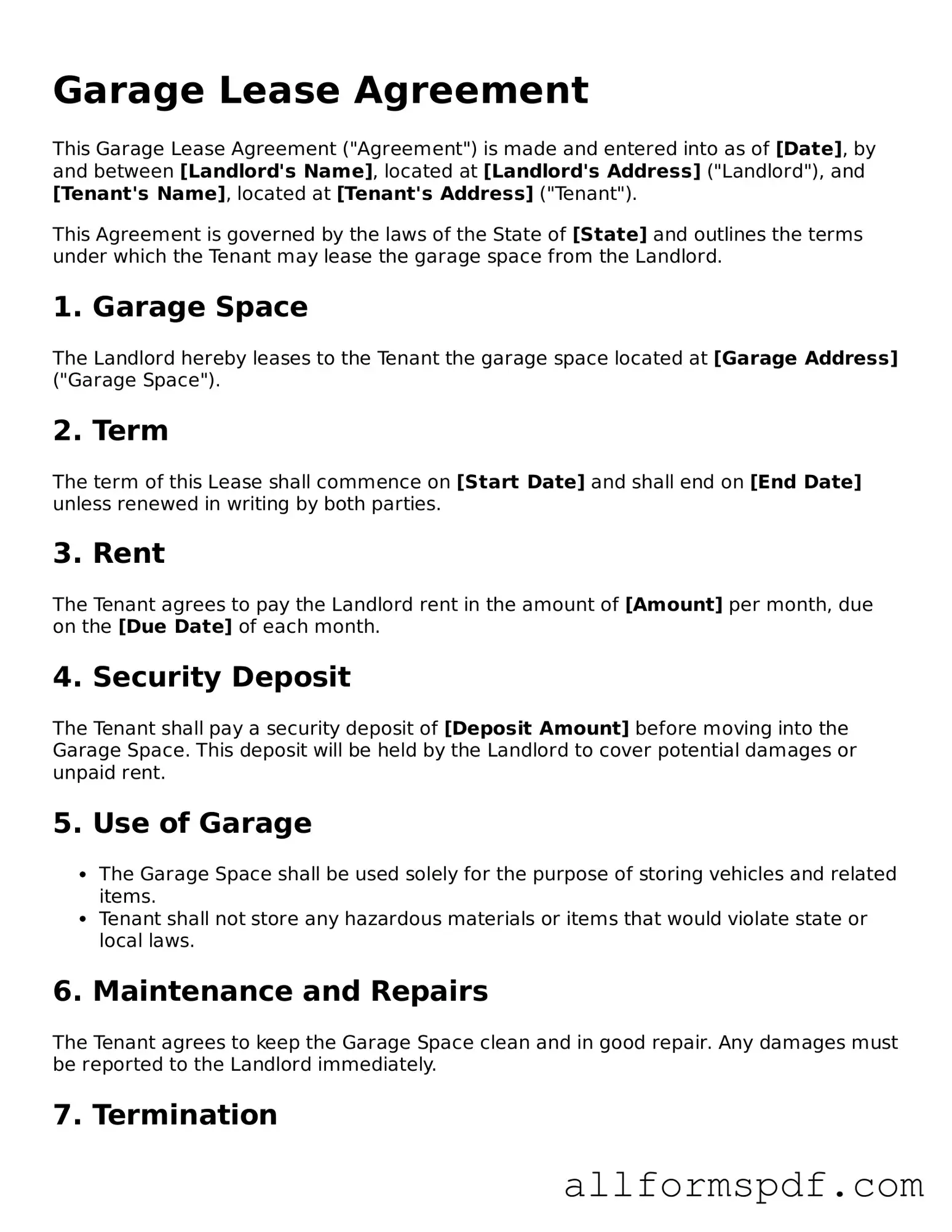 Printable Garage Lease Agreement Form