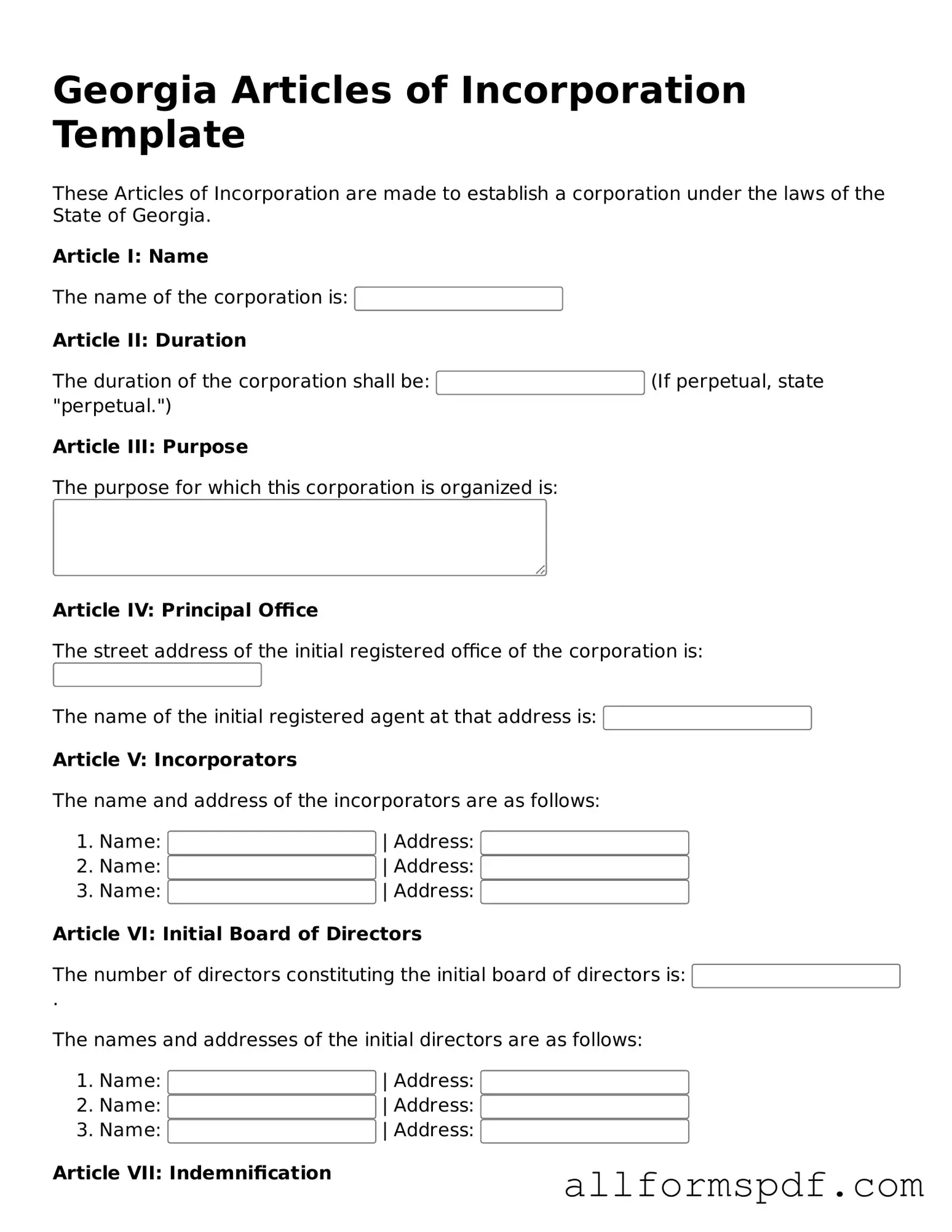 Fillable  Articles of Incorporation Form for Georgia