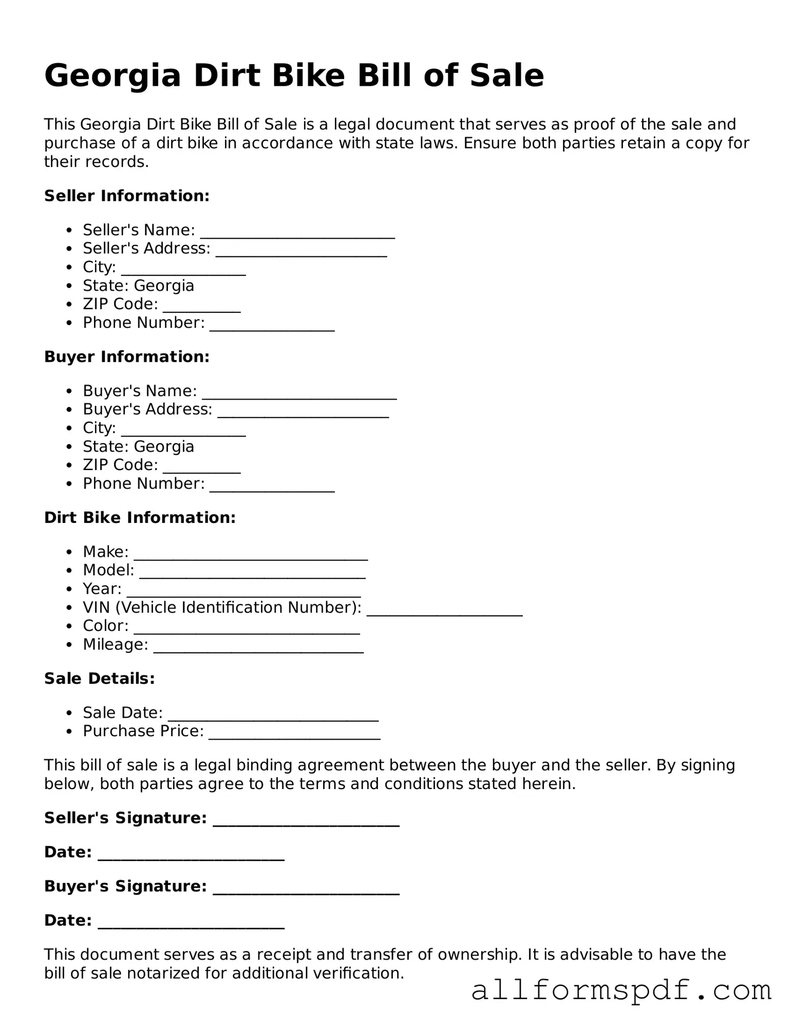 Fillable Dirt Bike Bill of Sale Form for Georgia
