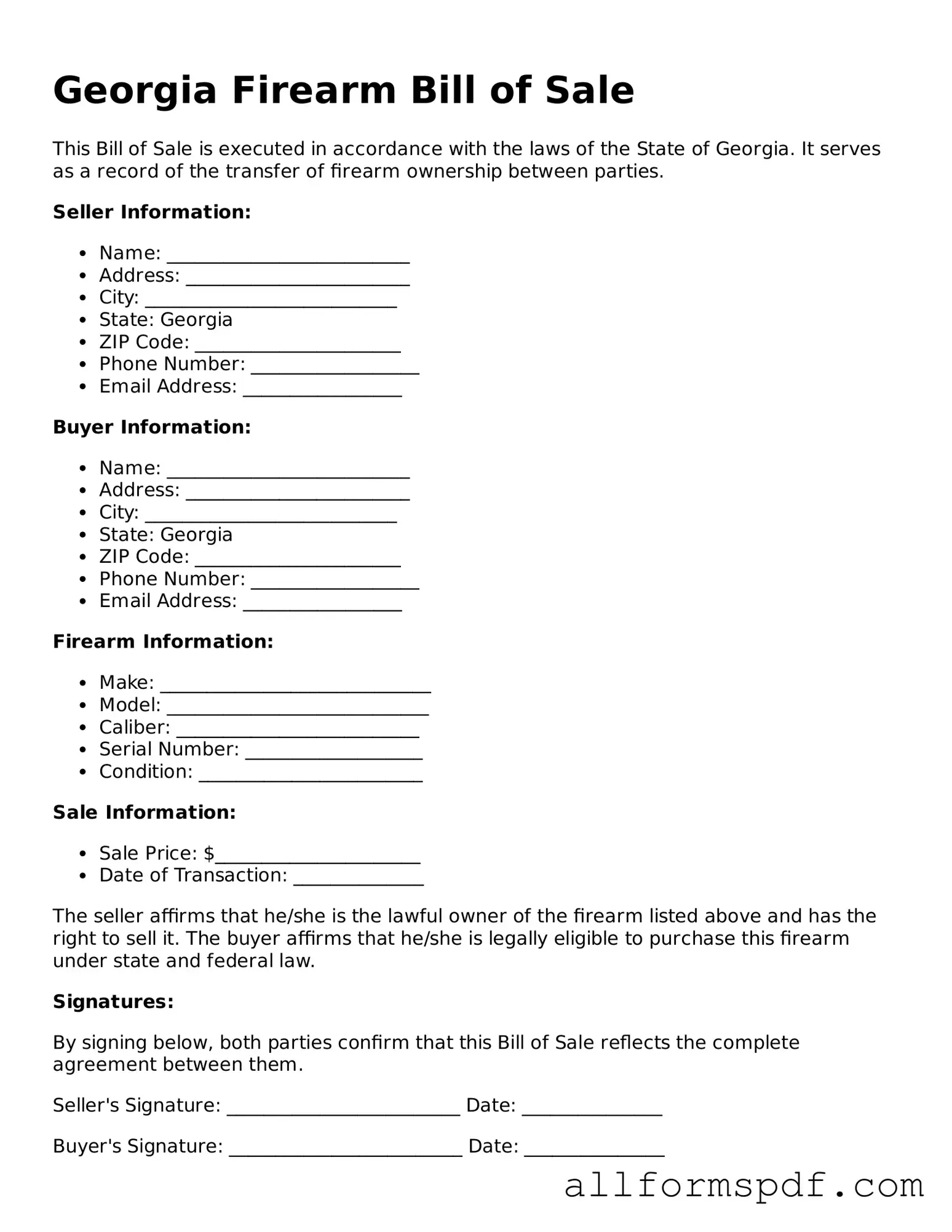 Fillable  Firearm Bill of Sale Form for Georgia