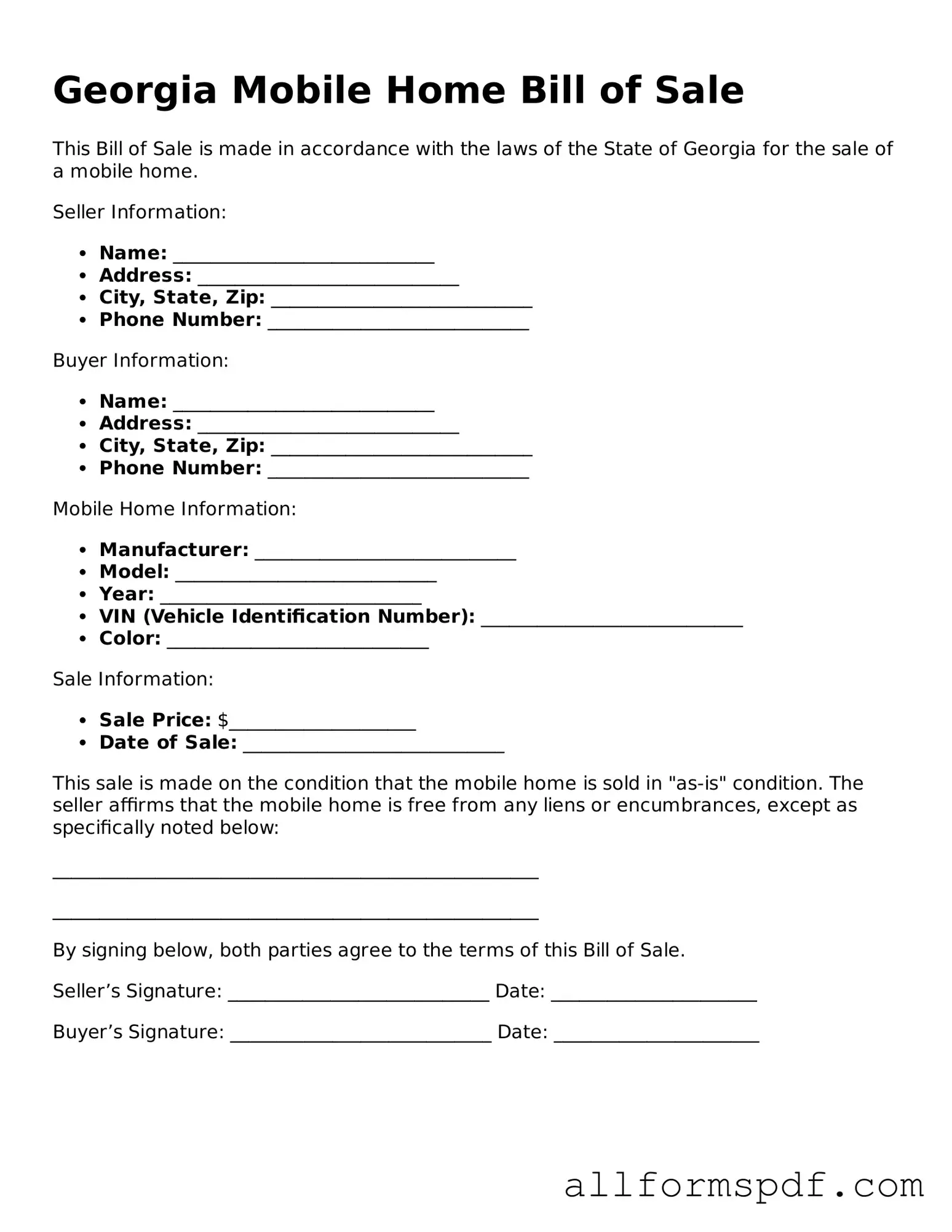 Fillable  Mobile Home Bill of Sale Form for Georgia