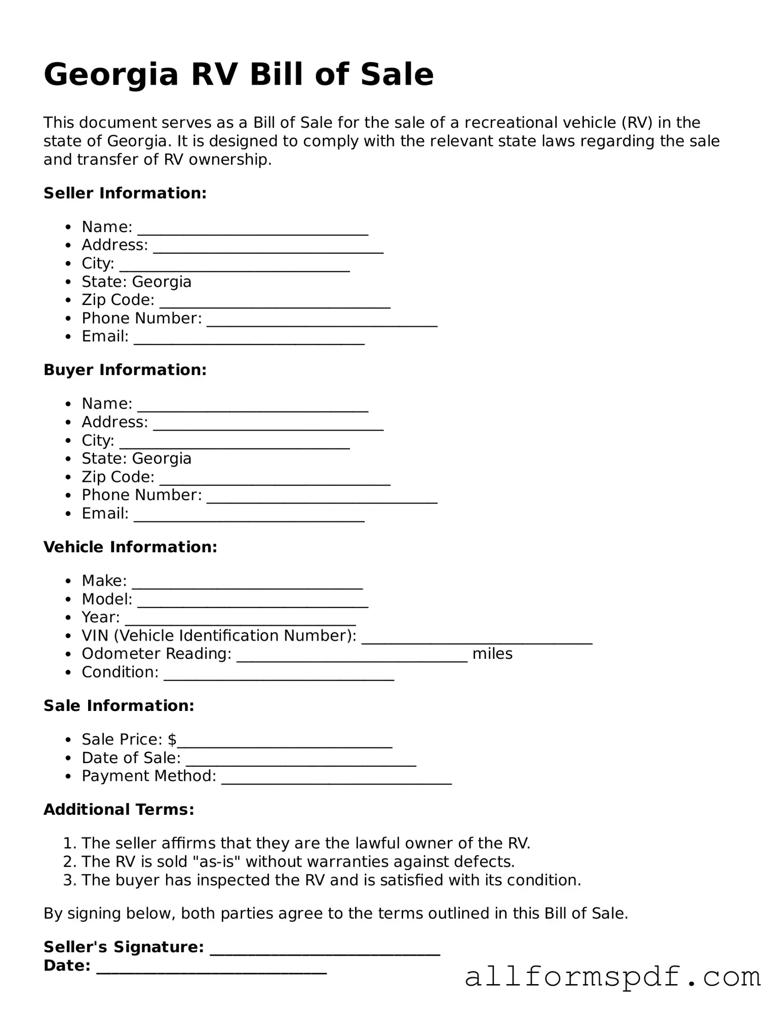 Fillable  RV Bill of Sale Form for Georgia