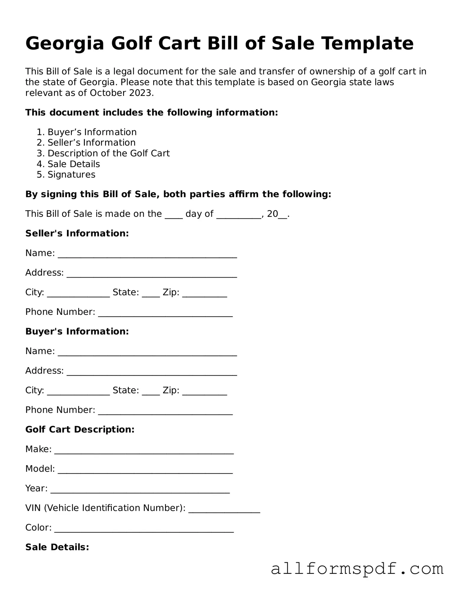 Fillable  Golf Cart Bill of Sale Form for Georgia