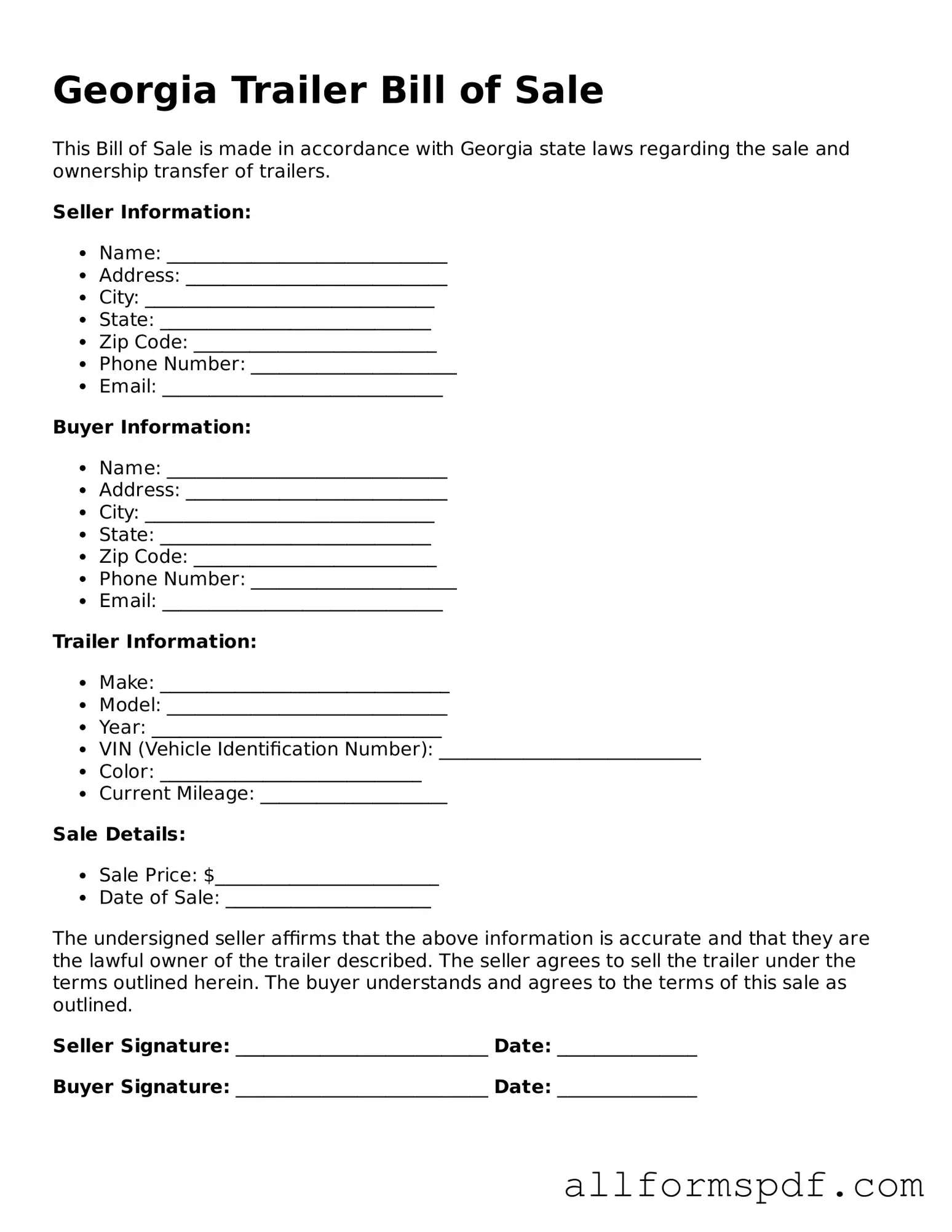 Fillable  Trailer Bill of Sale Form for Georgia