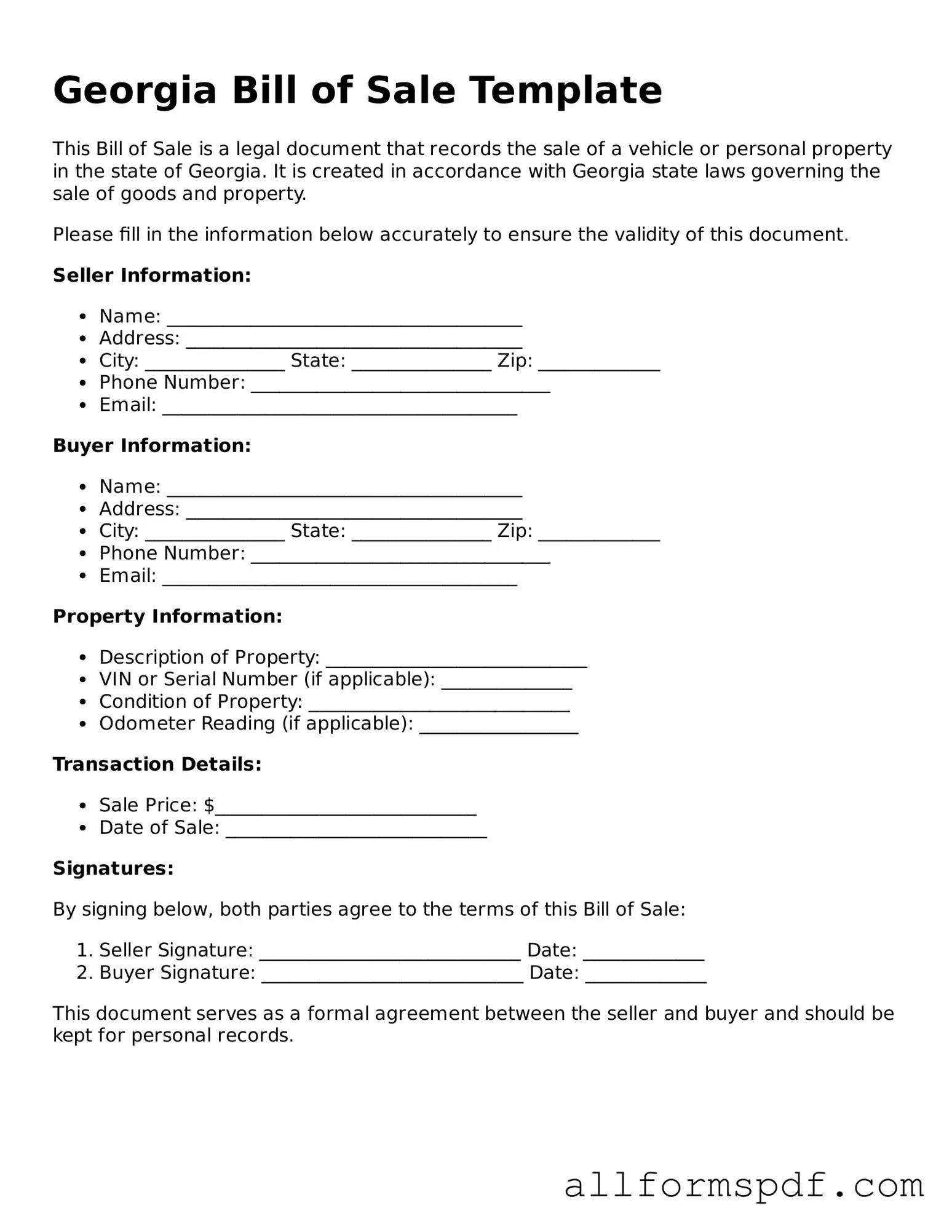Fillable Bill of Sale Form for Georgia