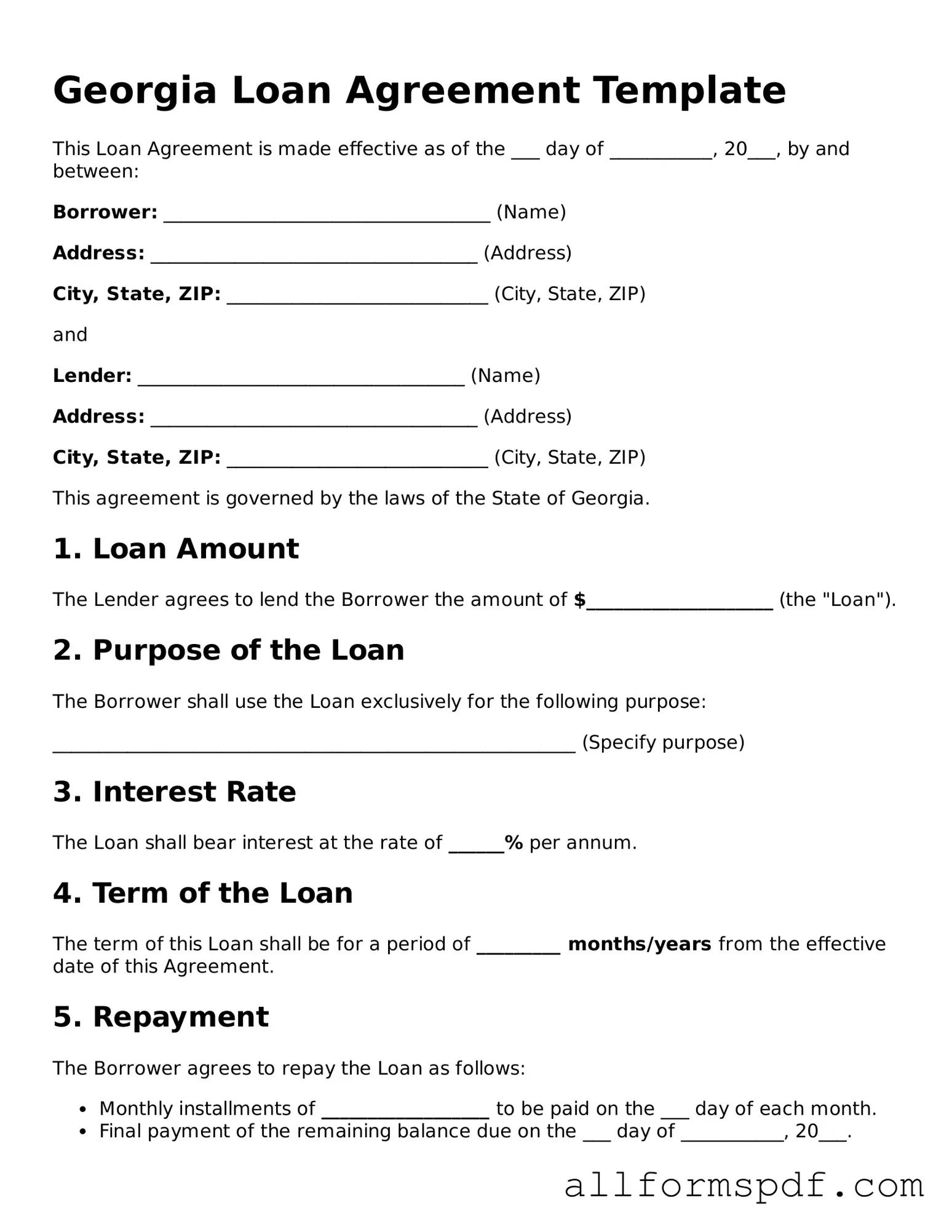 Fillable Loan Agreement Form for Georgia