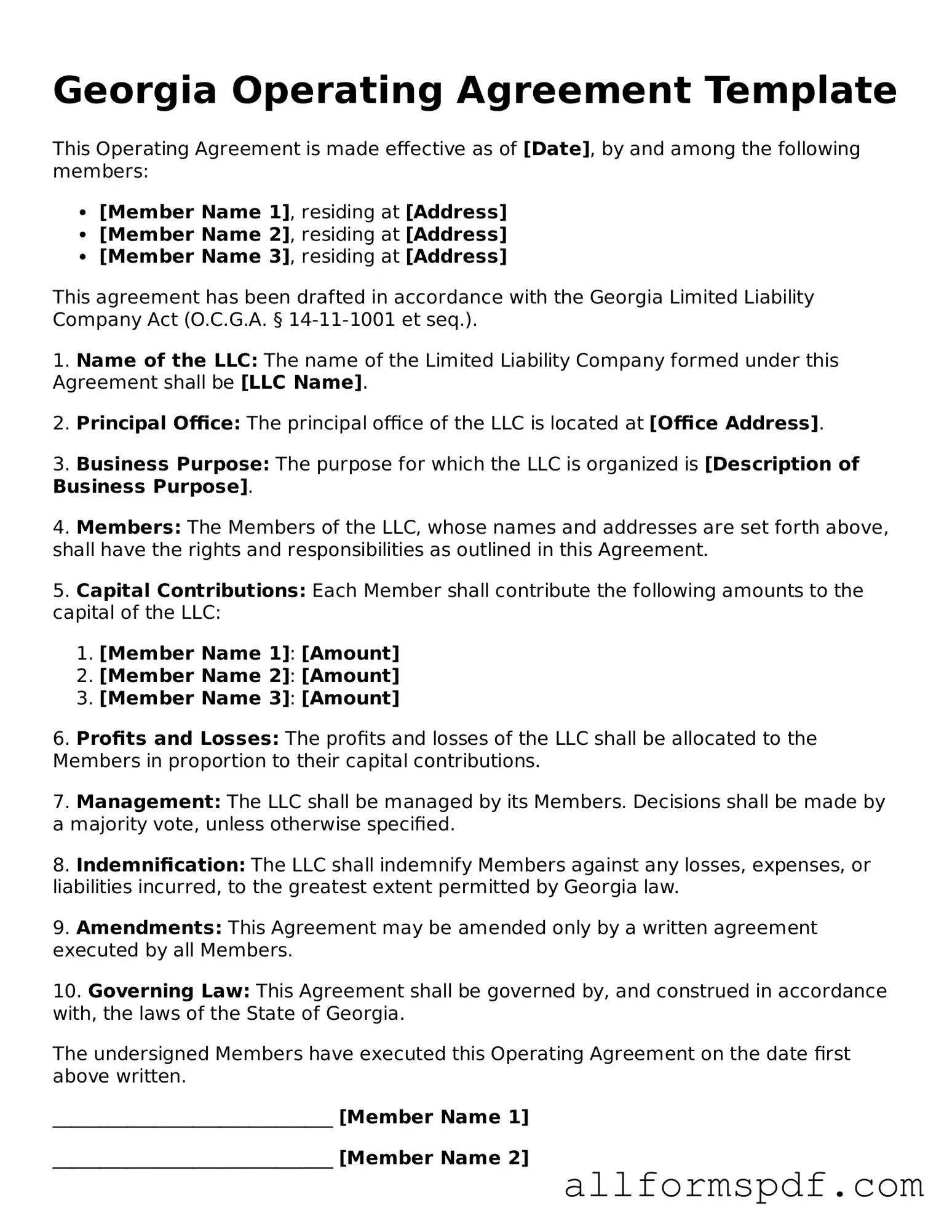 Fillable Operating Agreement Form for Georgia