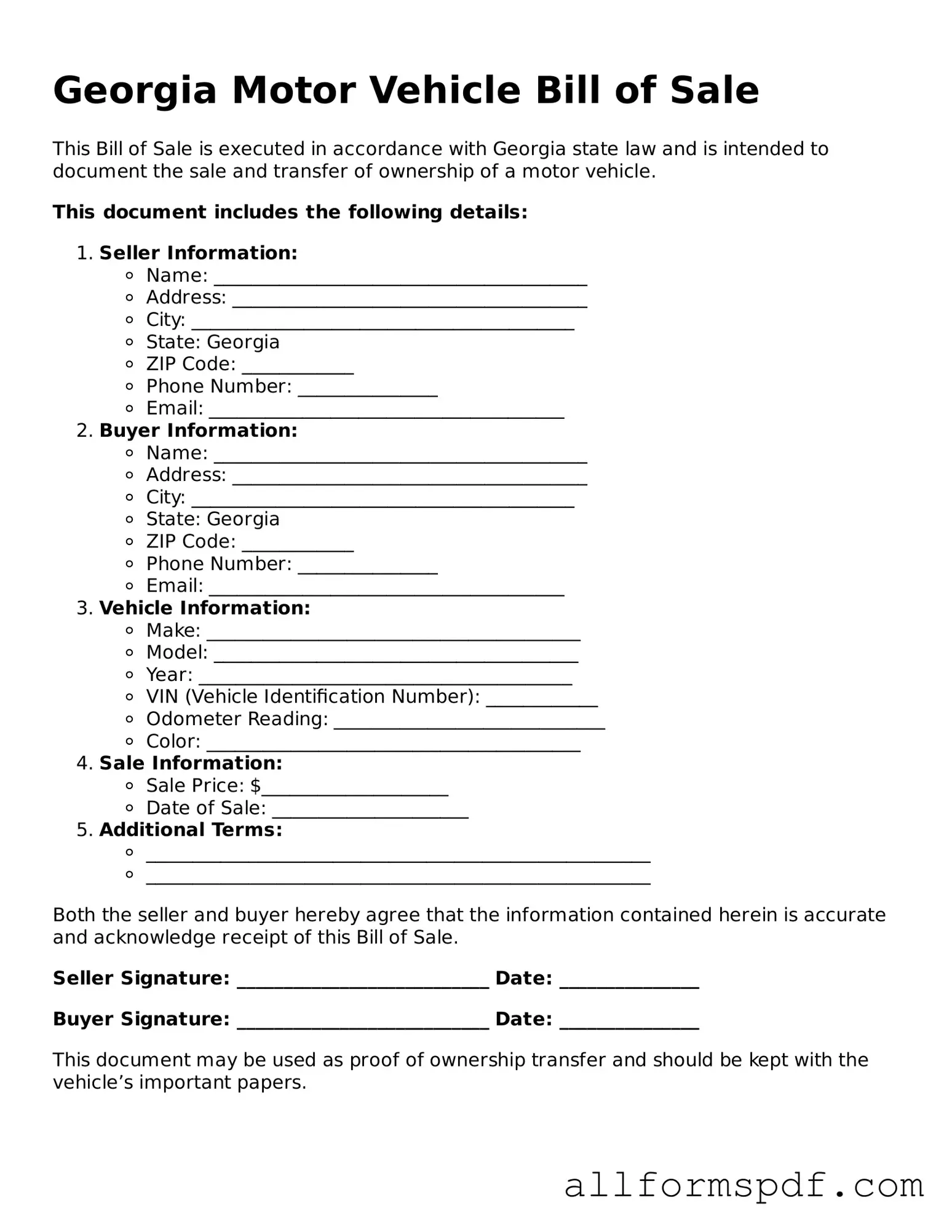 Fillable  Motor Vehicle Bill of Sale Form for Georgia