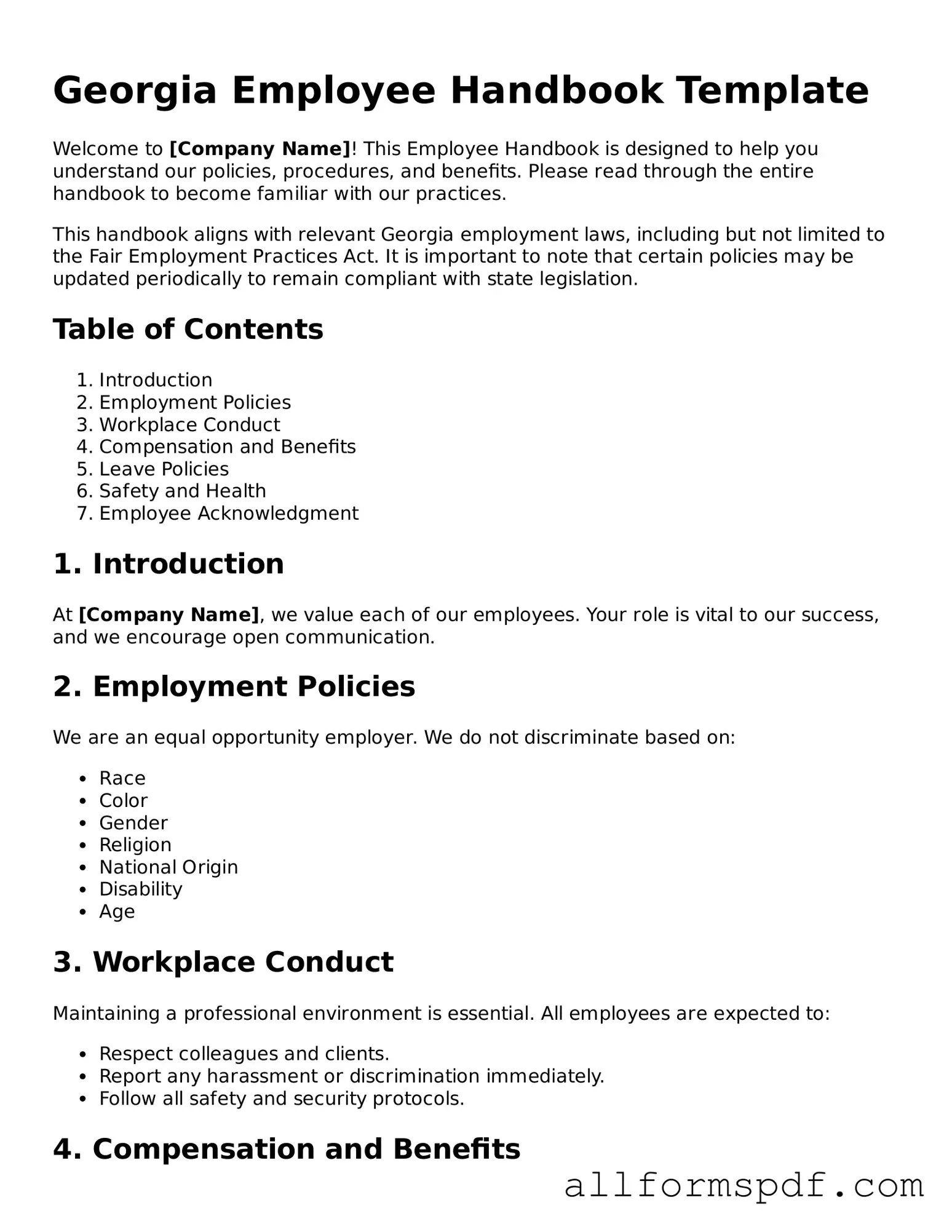 Fillable Employee Handbook Form for Georgia