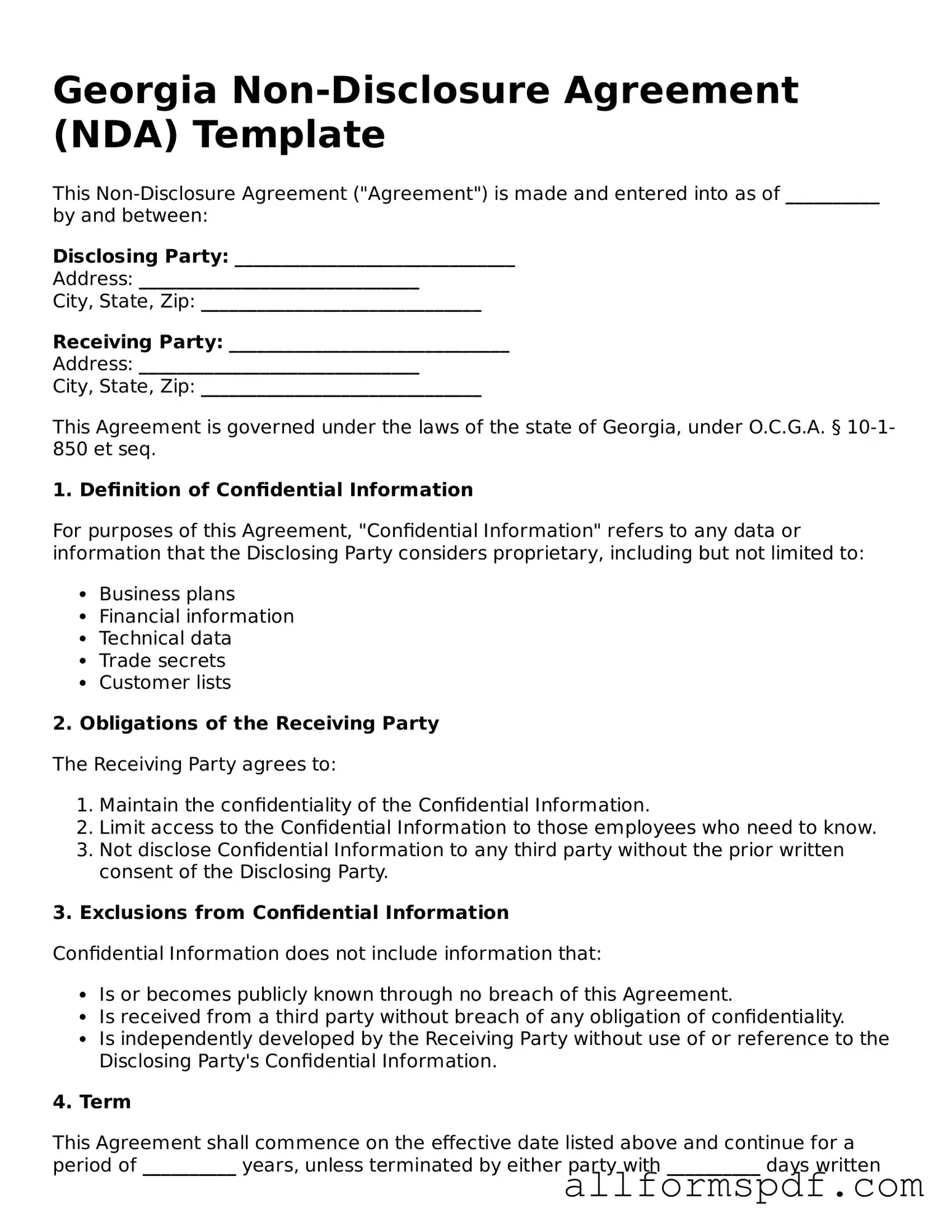 Fillable  Non-disclosure Agreement Form for Georgia