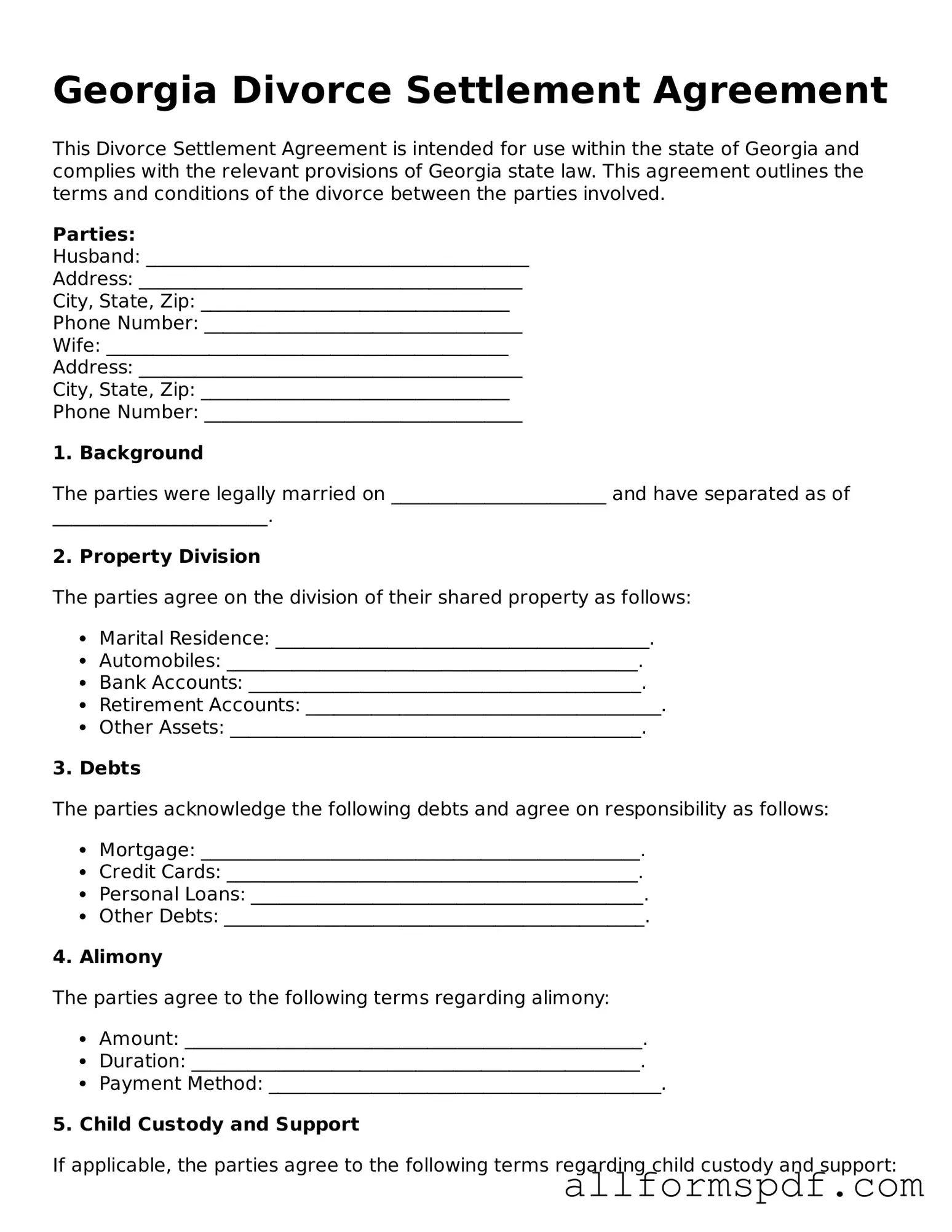 Fillable  Divorce Settlement Agreement Form for Georgia