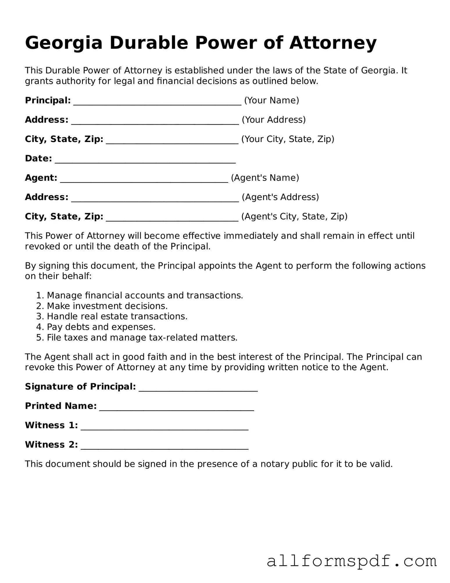 Fillable  Durable Power of Attorney Form for Georgia