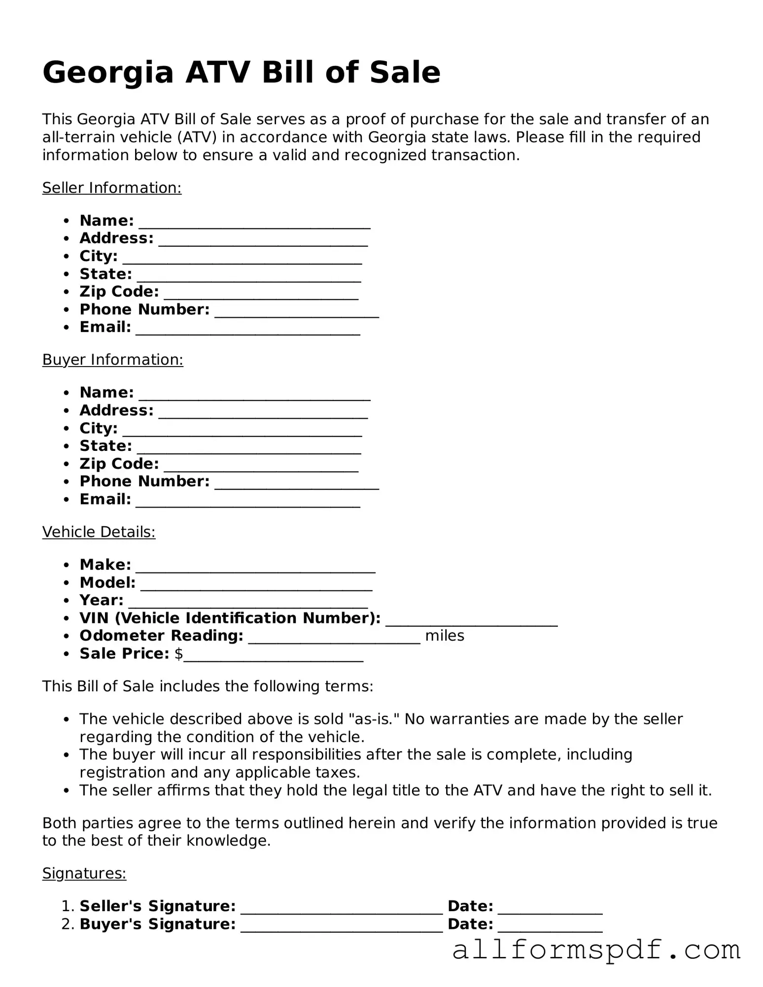 Fillable ATV Bill of Sale Form for Georgia