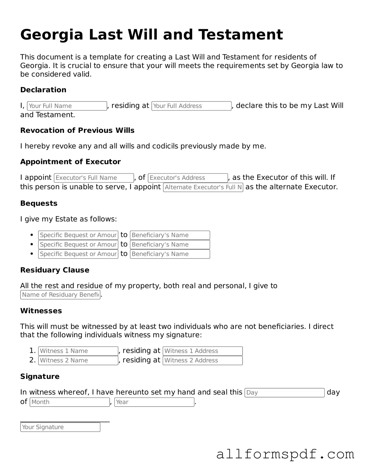 Fillable  Last Will and Testament Form for Georgia