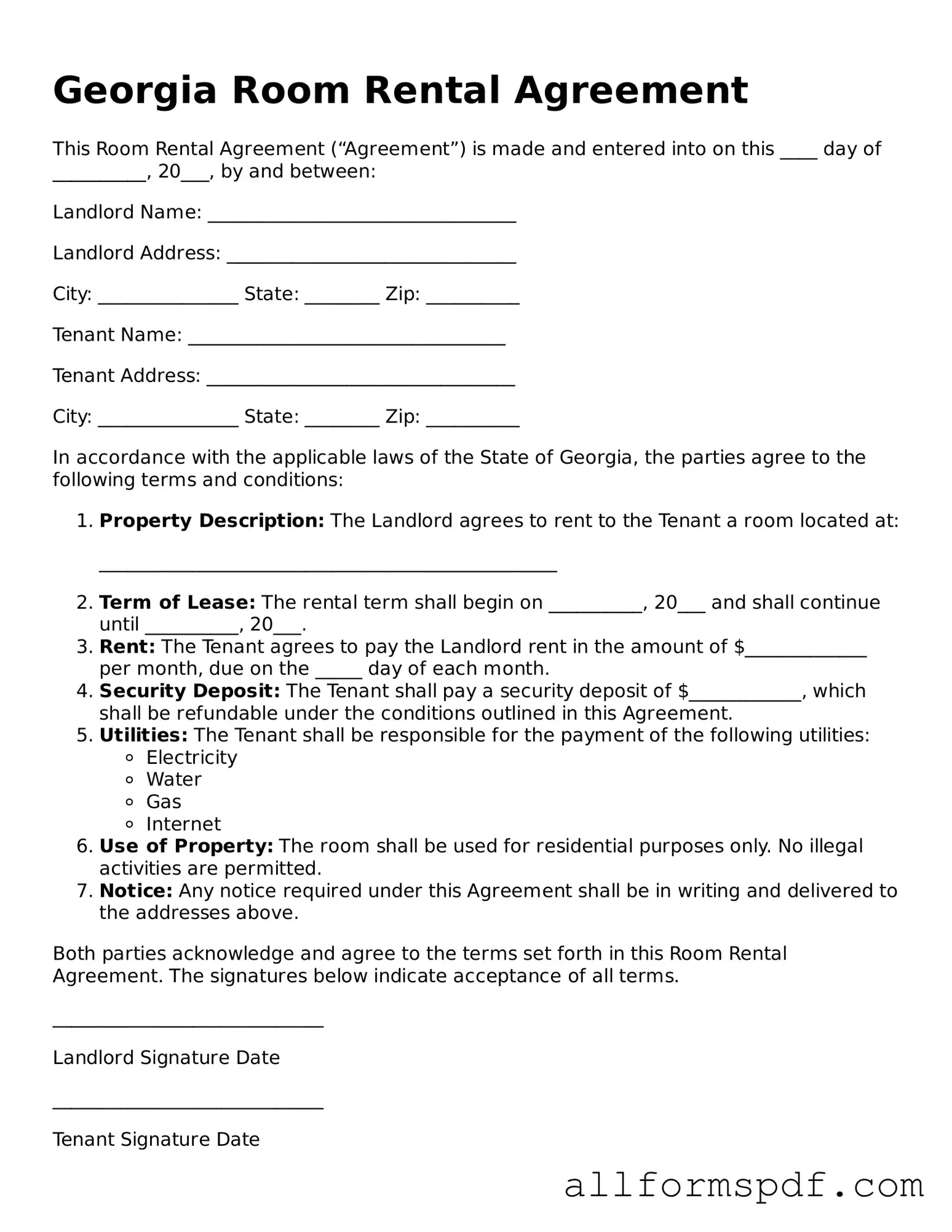 Fillable  Room Rental Agreement Form for Georgia