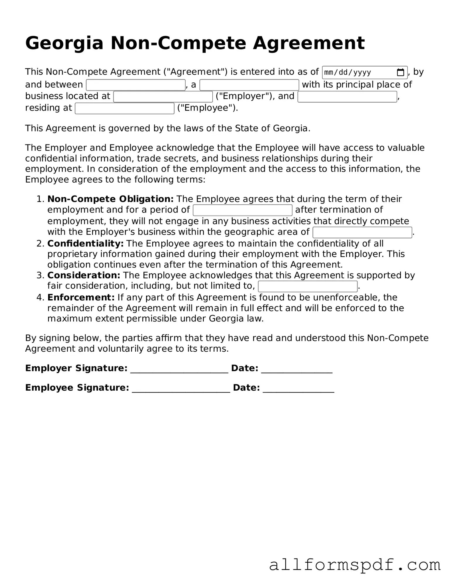 Fillable Non-compete Agreement Form for Georgia
