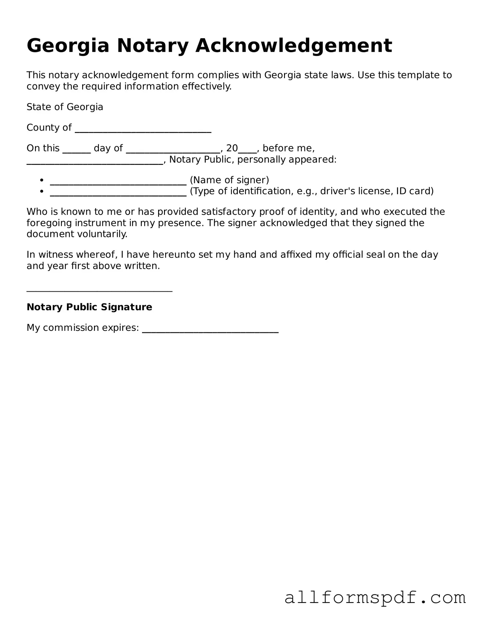 Fillable  Notary Acknowledgement Form for Georgia