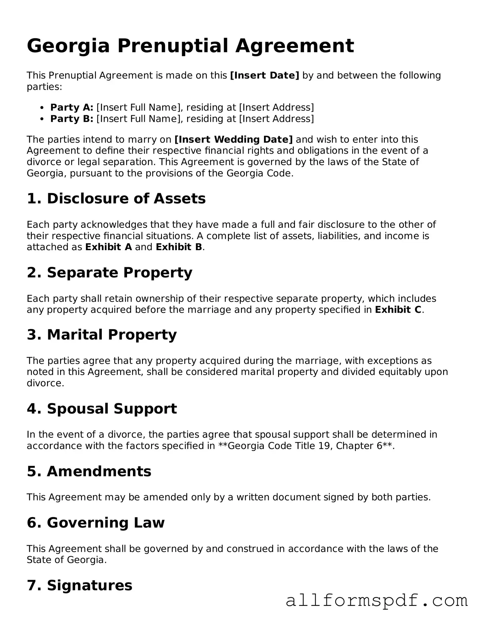 Fillable Prenuptial Agreement Form for Georgia