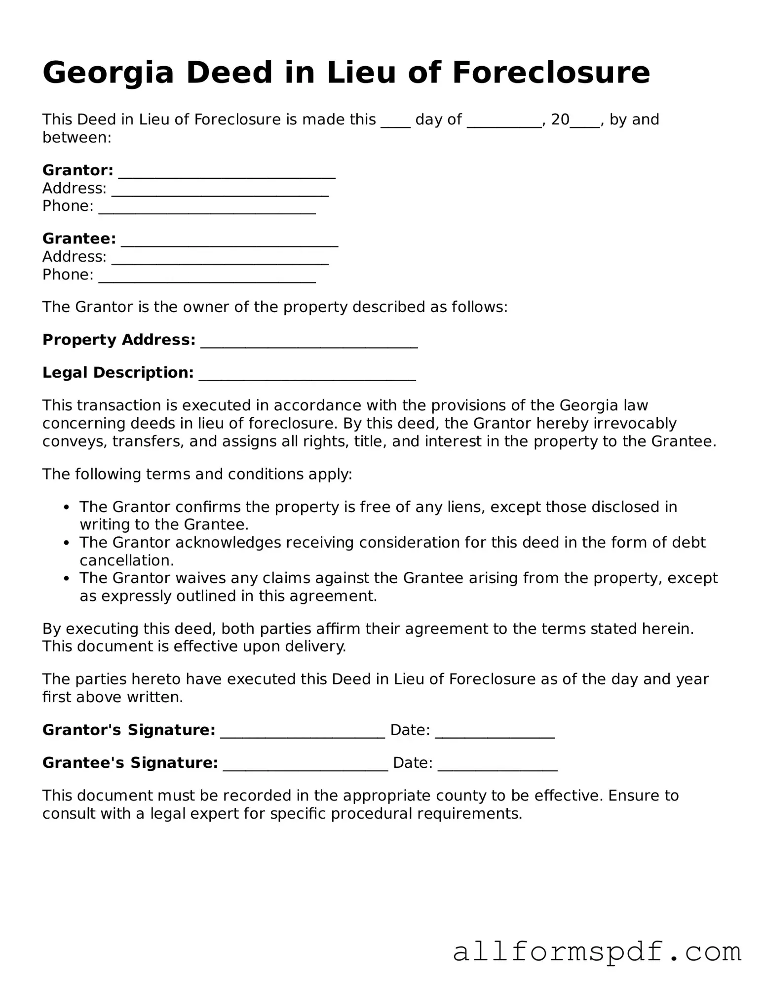 Fillable  Deed in Lieu of Foreclosure Form for Georgia
