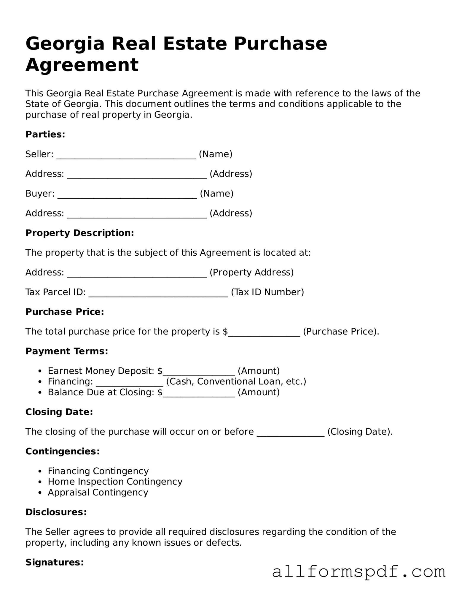 Fillable  Real Estate Purchase Agreement Form for Georgia