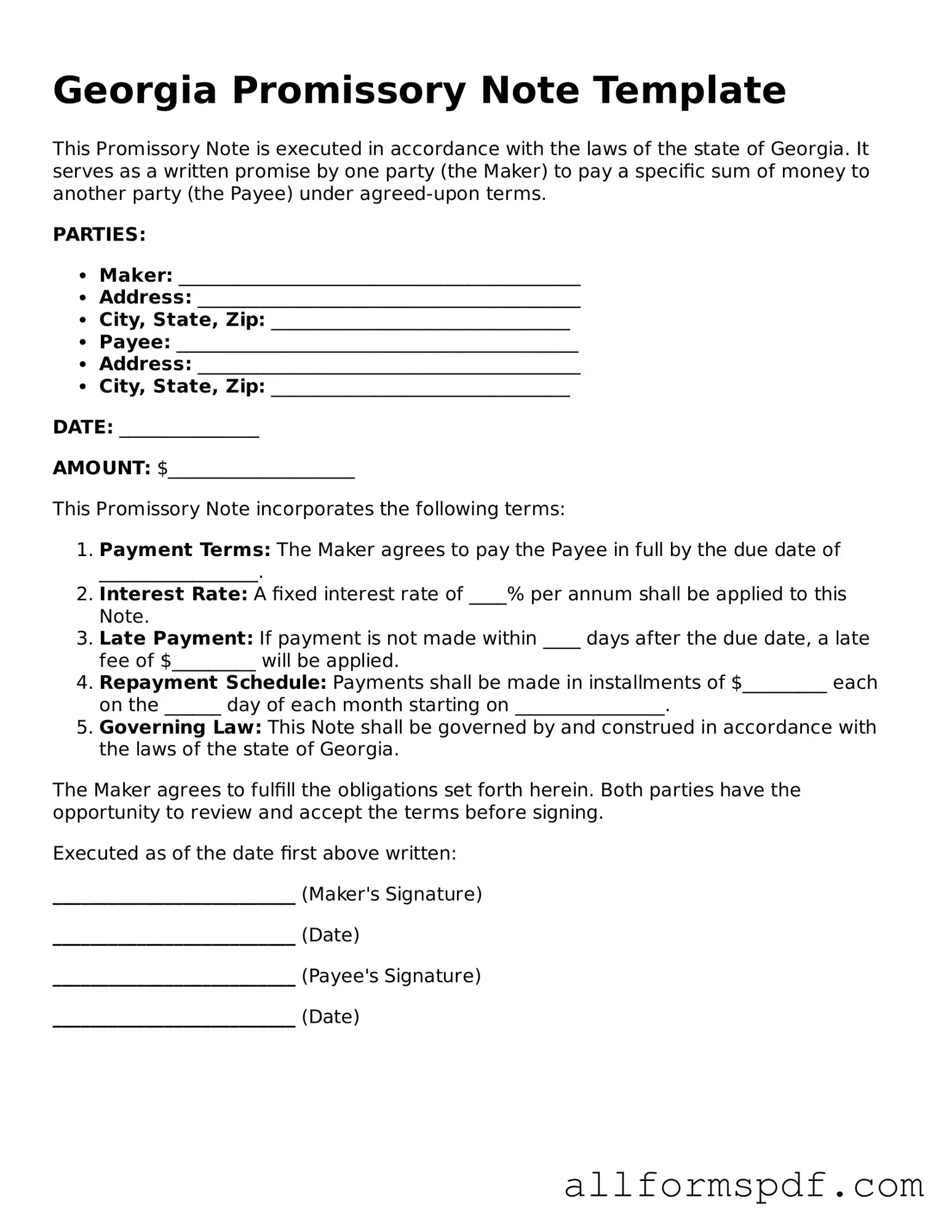 Fillable  Promissory Note Form for Georgia