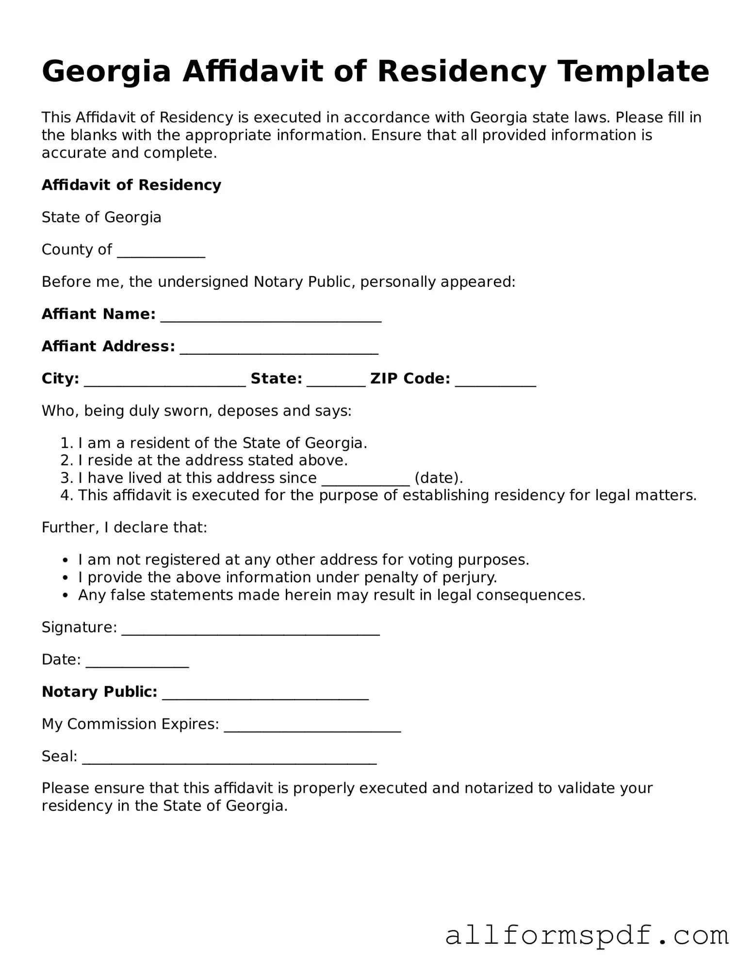Fillable  Affidavit of Residency Form for Georgia