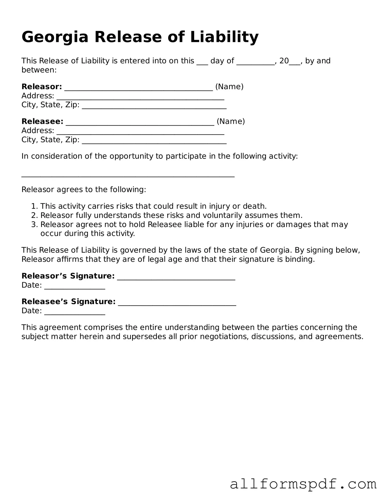 Fillable  Release of Liability Form for Georgia