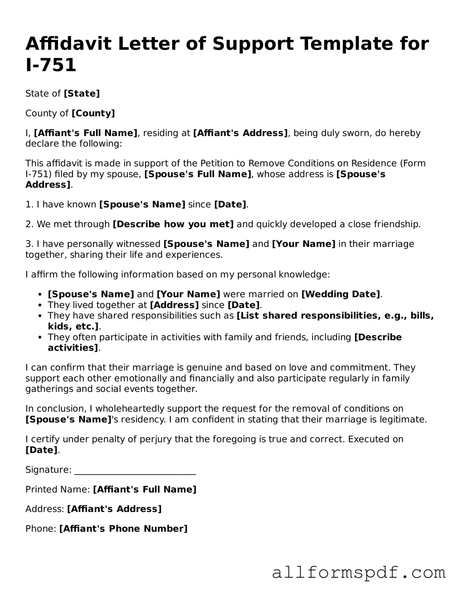 Printable Affidavit Letter of Support for I-751 Form