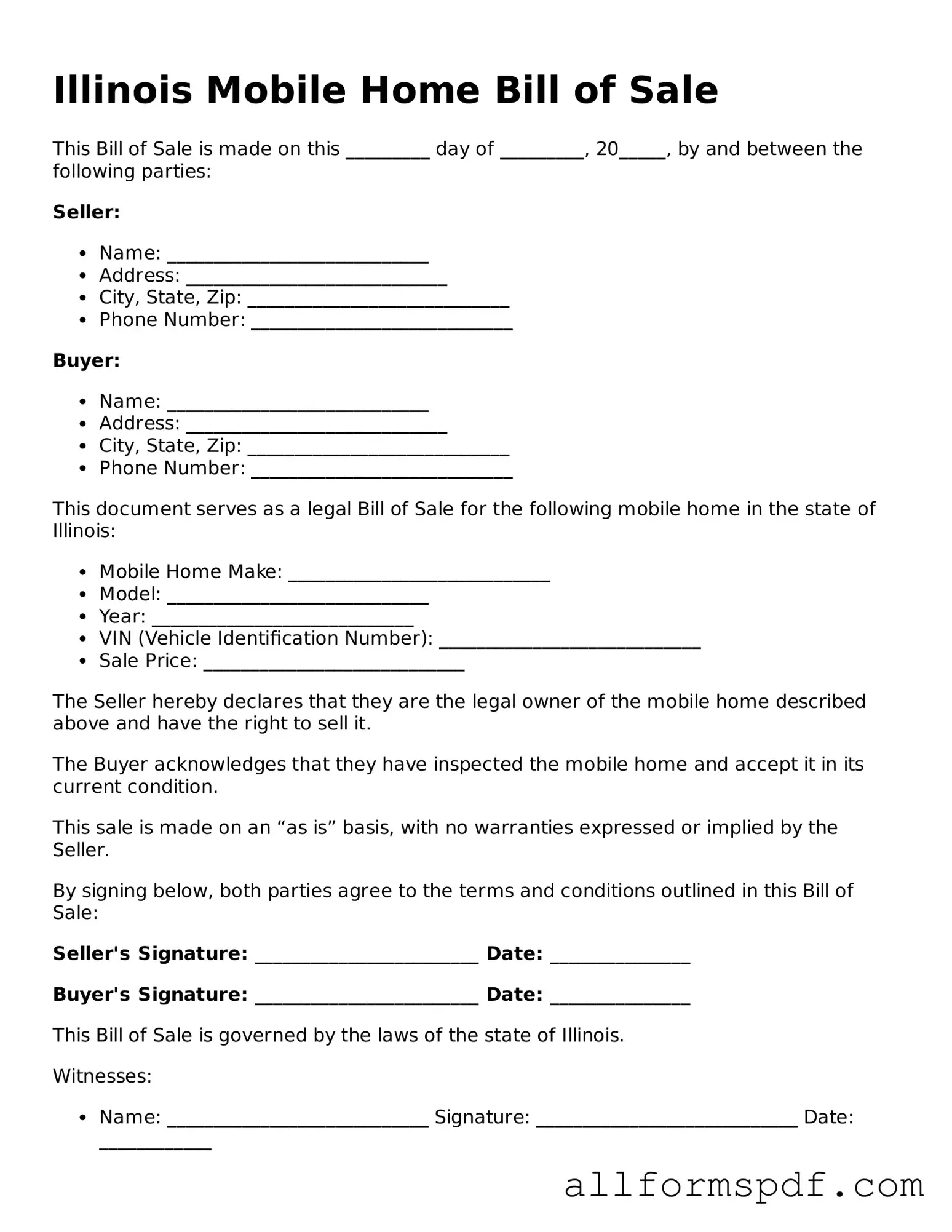 Fillable  Mobile Home Bill of Sale Form for Illinois