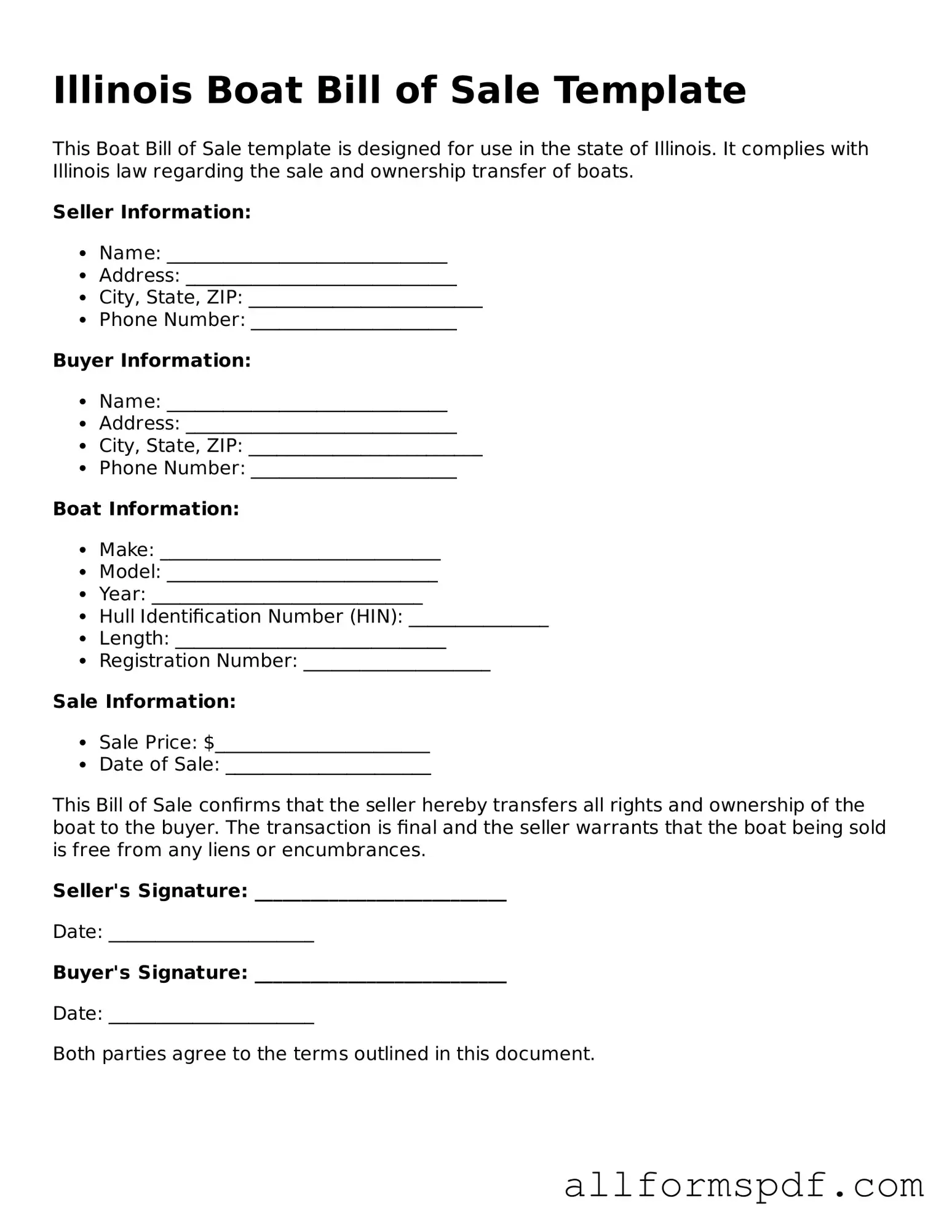Fillable  Boat Bill of Sale Form for Illinois