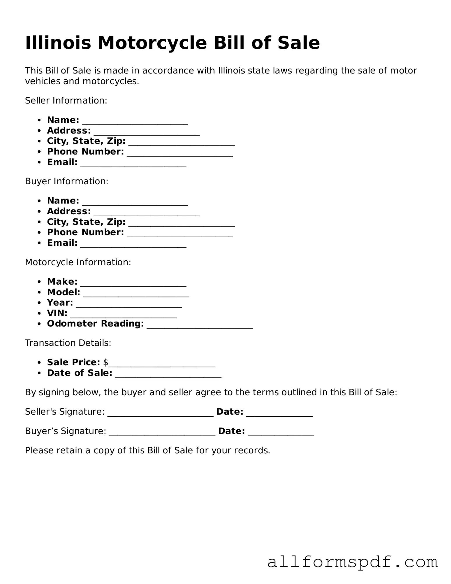 Fillable  Motorcycle Bill of Sale Form for Illinois