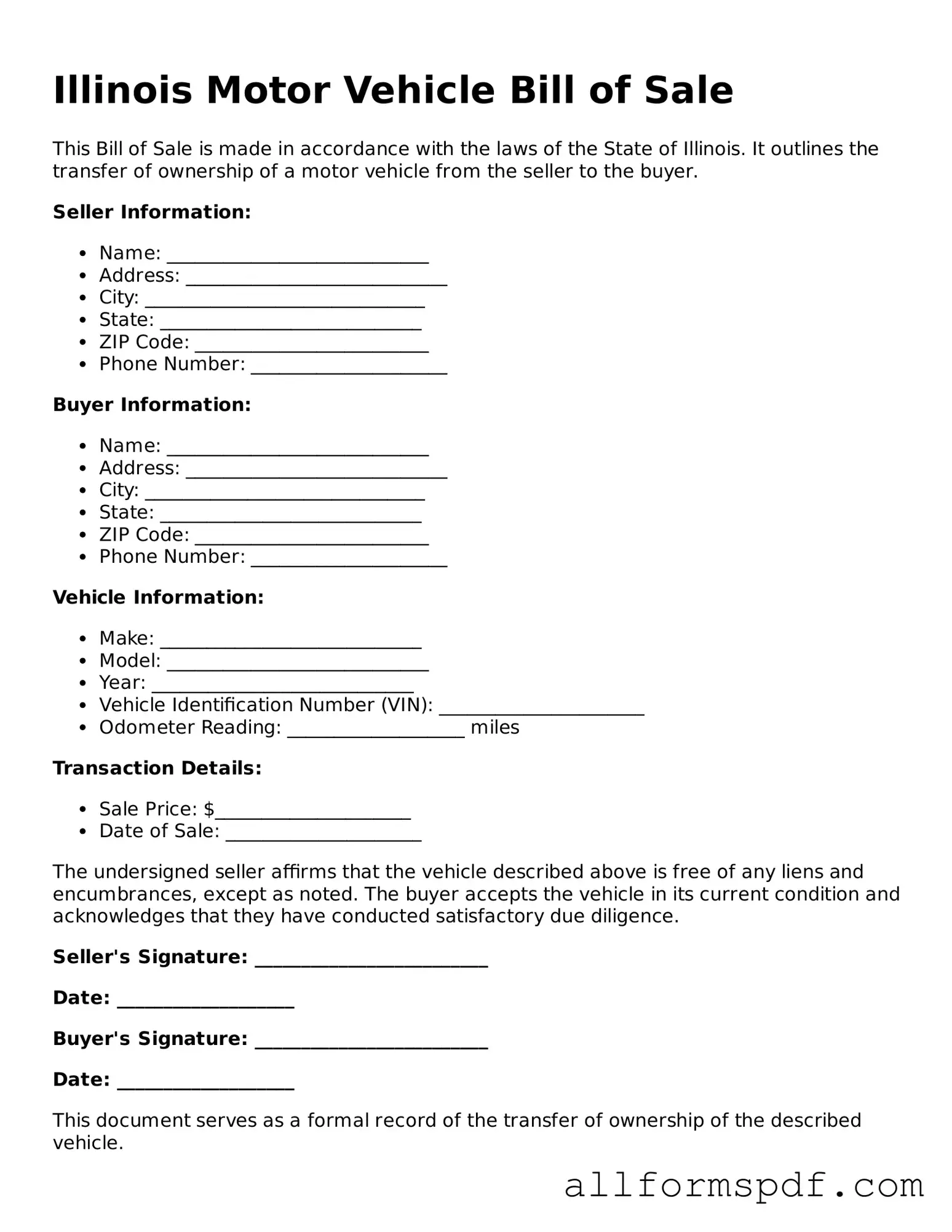 Fillable  Motor Vehicle Bill of Sale Form for Illinois
