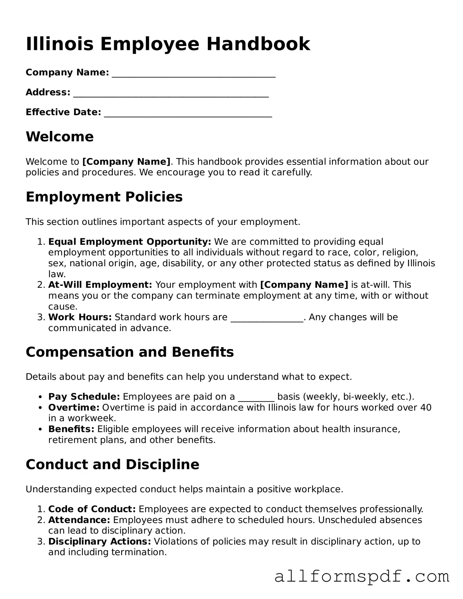 Fillable Employee Handbook Form for Illinois