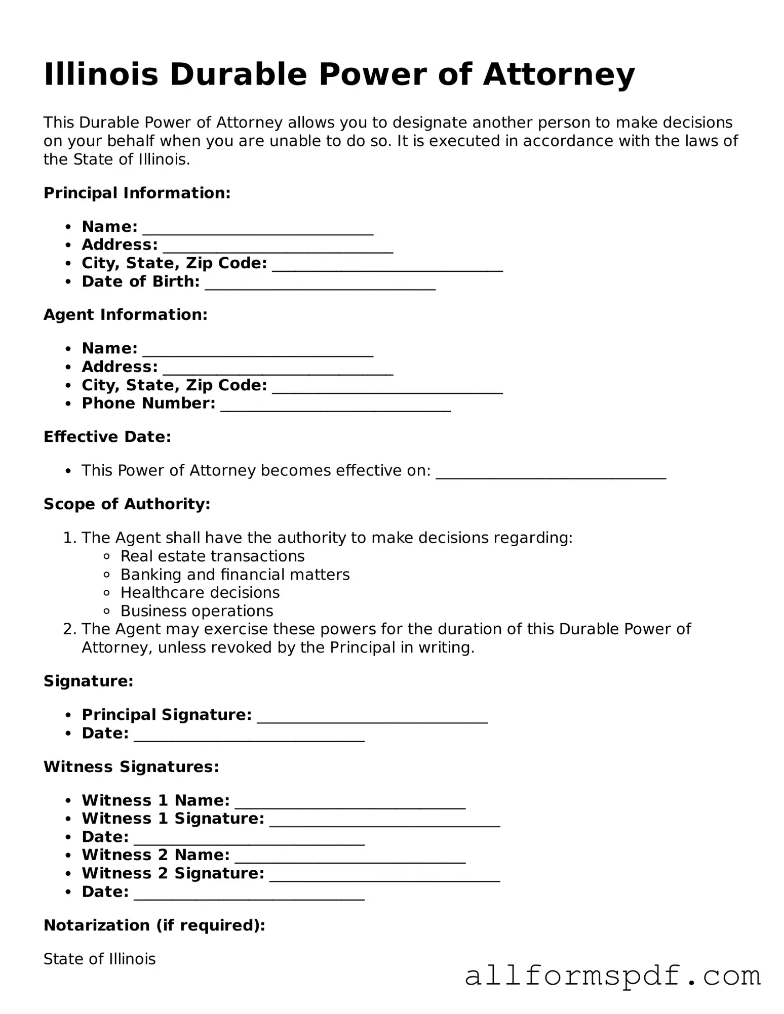 Fillable Durable Power of Attorney Form for Illinois