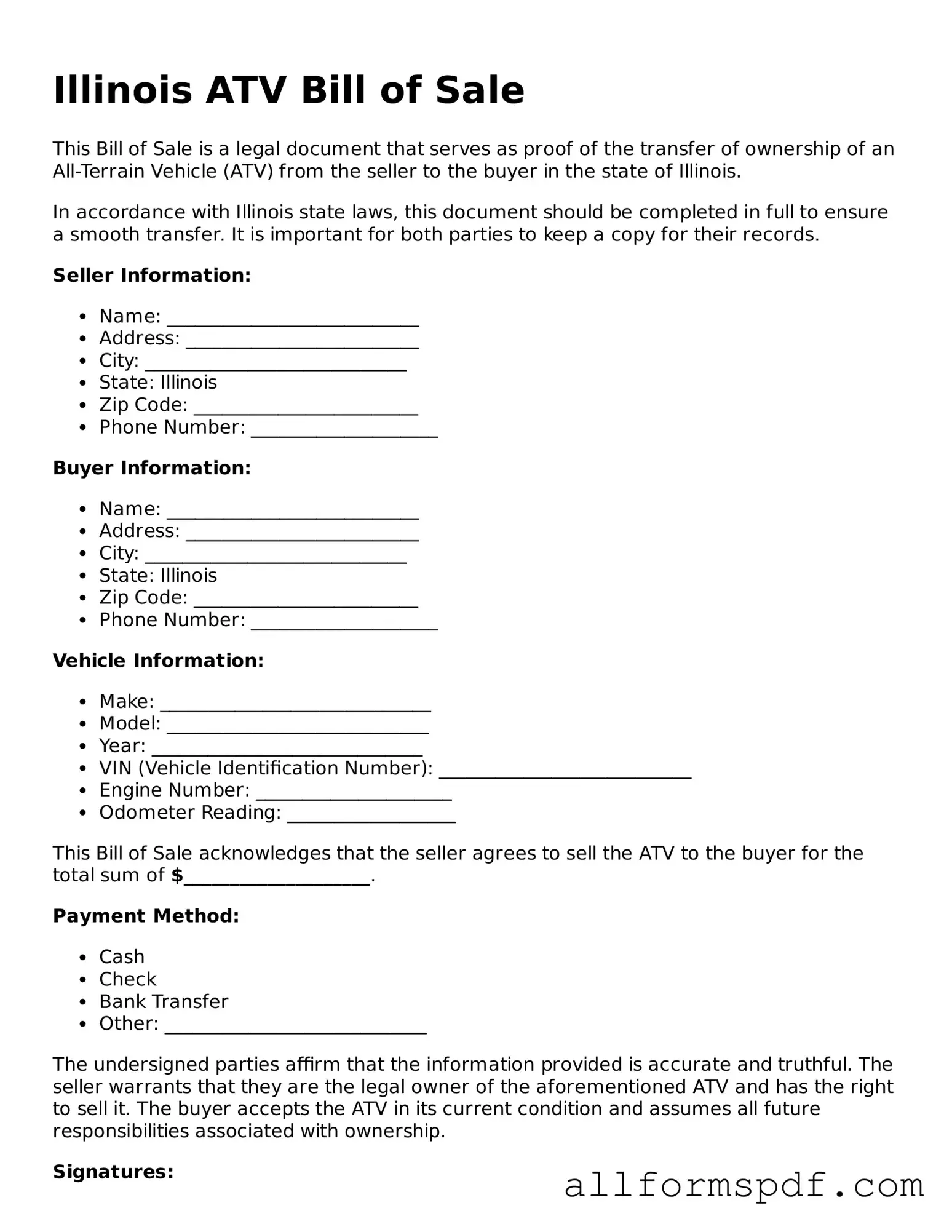Fillable ATV Bill of Sale Form for Illinois