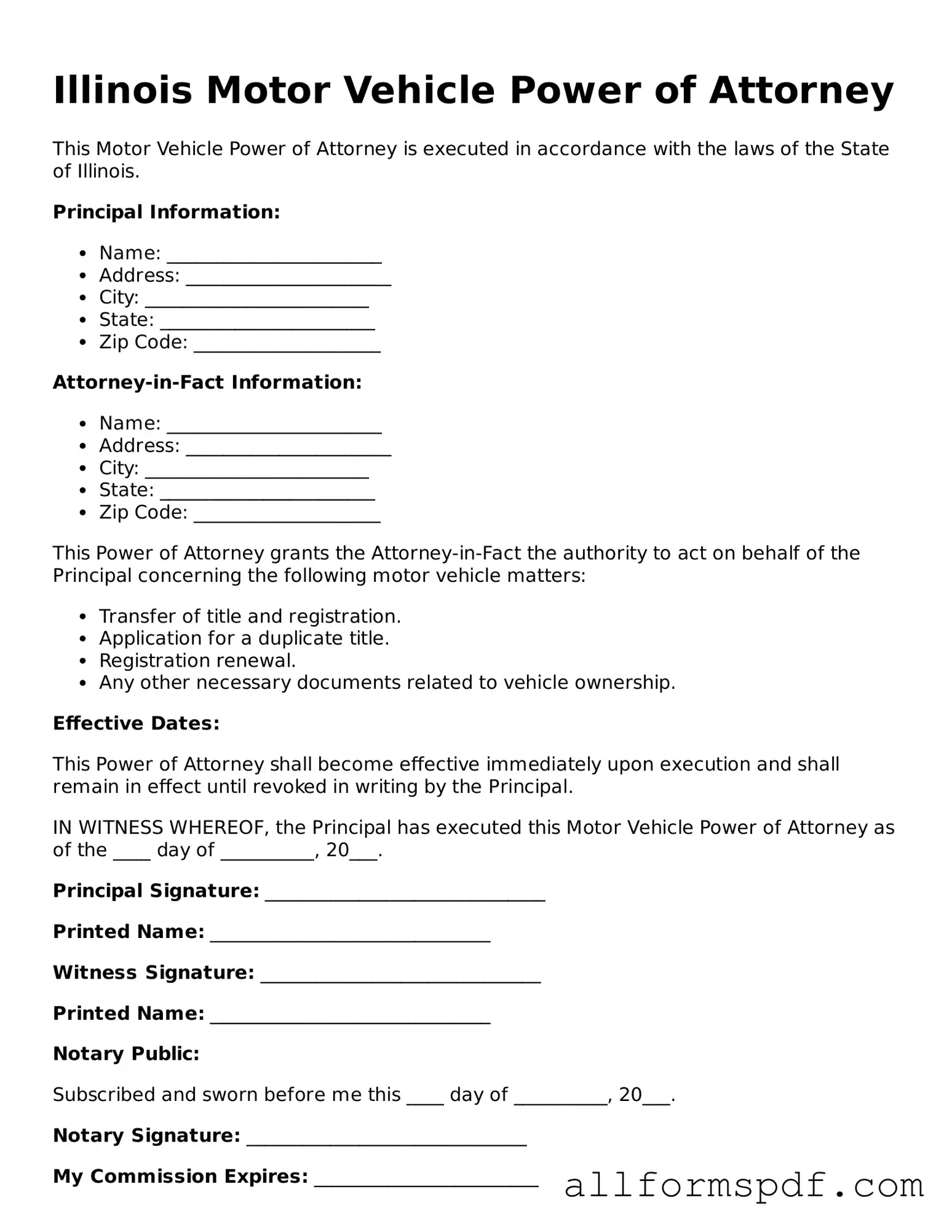 Fillable Motor Vehicle Power of Attorney Form for Illinois